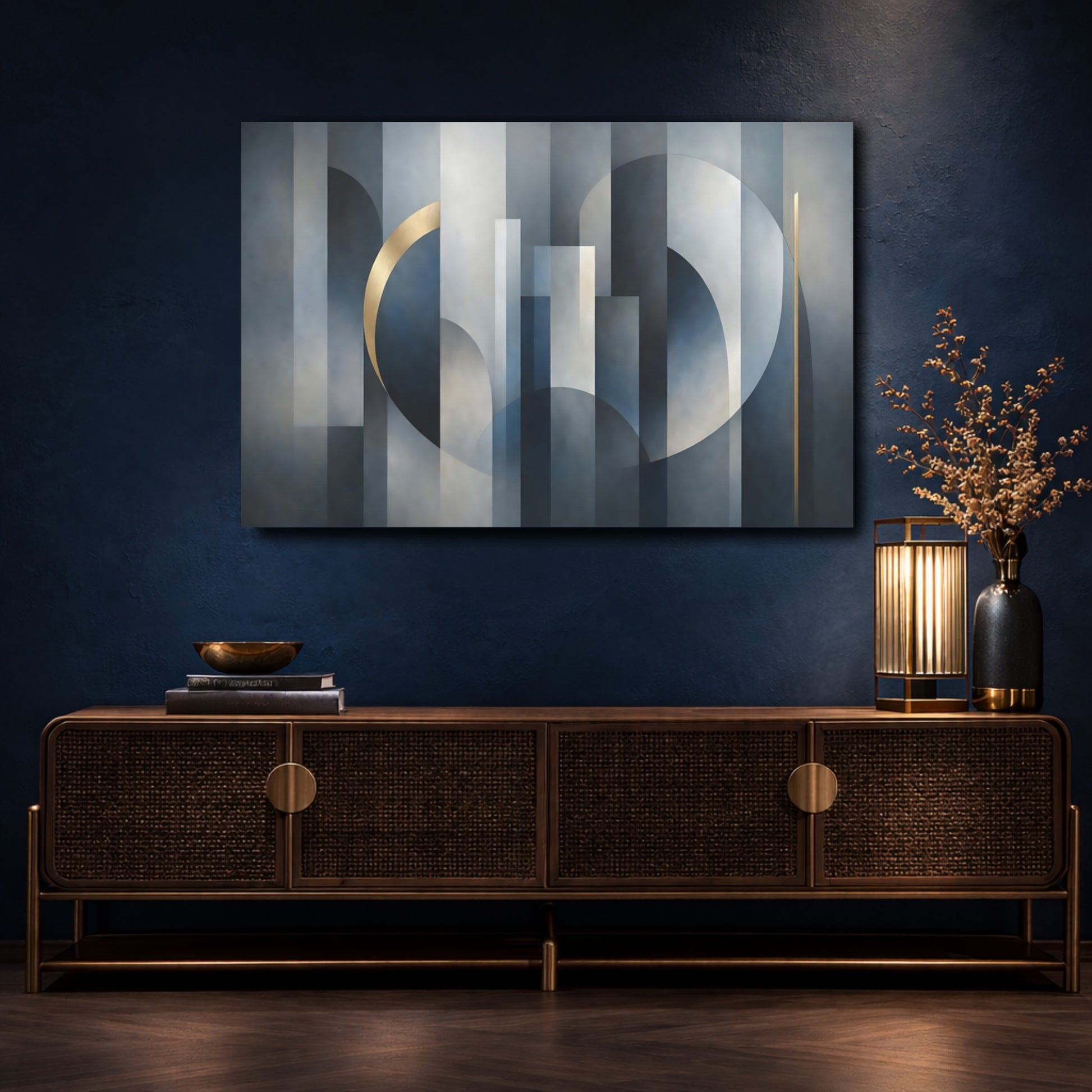 Mockup 4. Abstract Geometric Shapes Blue Gray Gold Abstract shown as stretched canvas wall art
