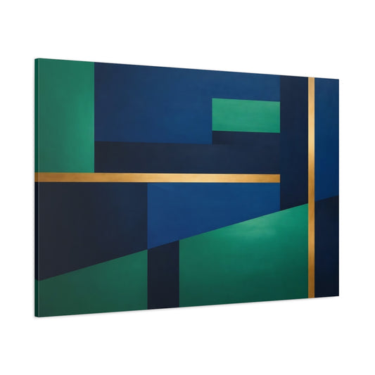 Main Mockup. Abstract Geometric Shapes Blue Green Gold Abstract shown as stretched canvas wall art