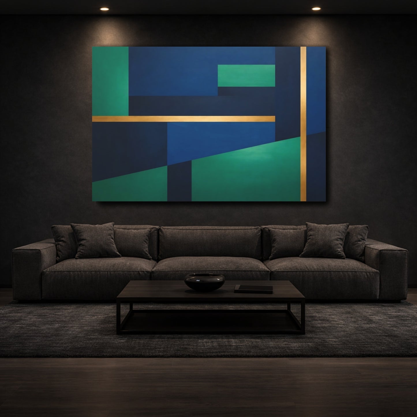 Mockup 2. Abstract Geometric Shapes Blue Green Gold Abstract shown as stretched canvas wall art