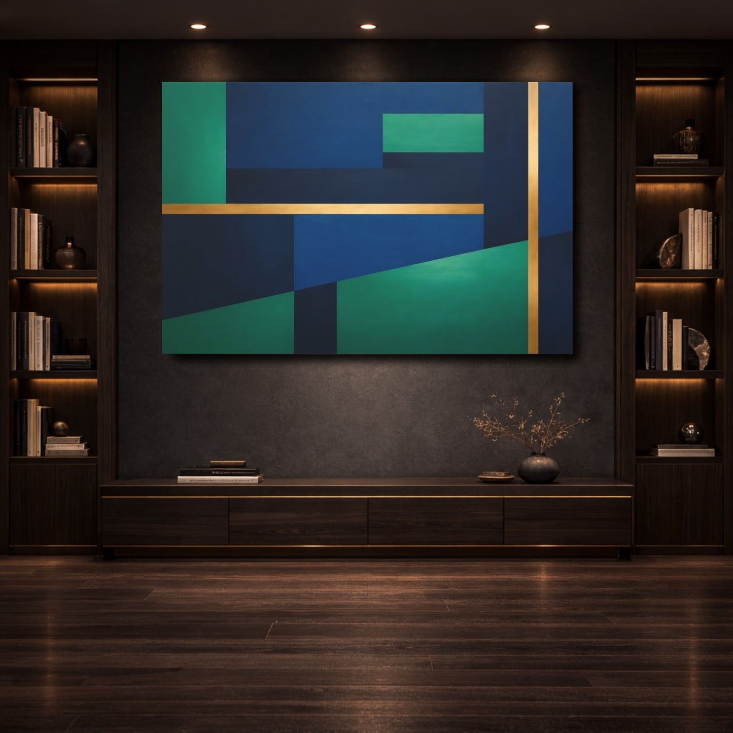 Mockup 3. Abstract Geometric Shapes Blue Green Gold Abstract shown as stretched canvas wall art