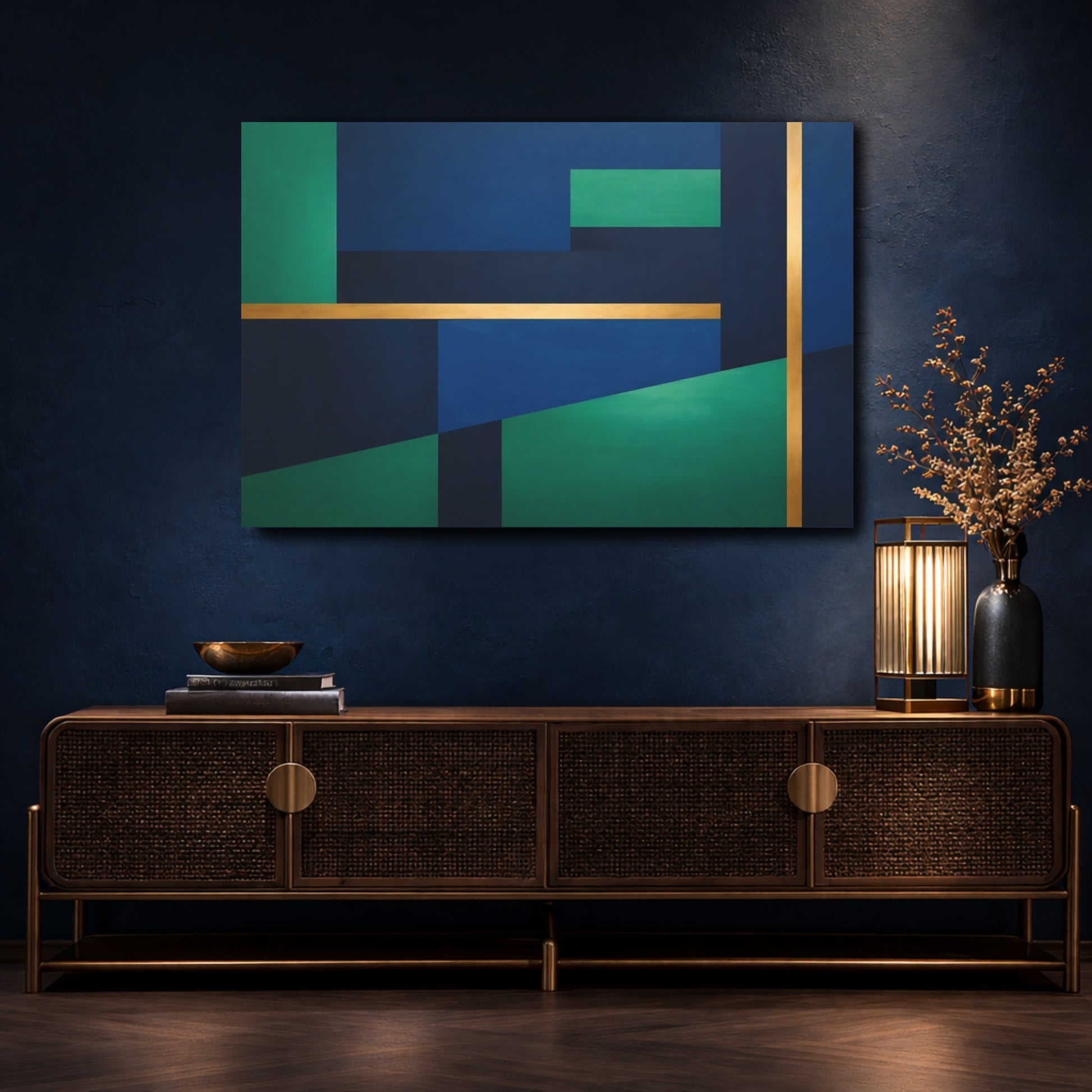 Mockup 4. Abstract Geometric Shapes Blue Green Gold Abstract shown as stretched canvas wall art