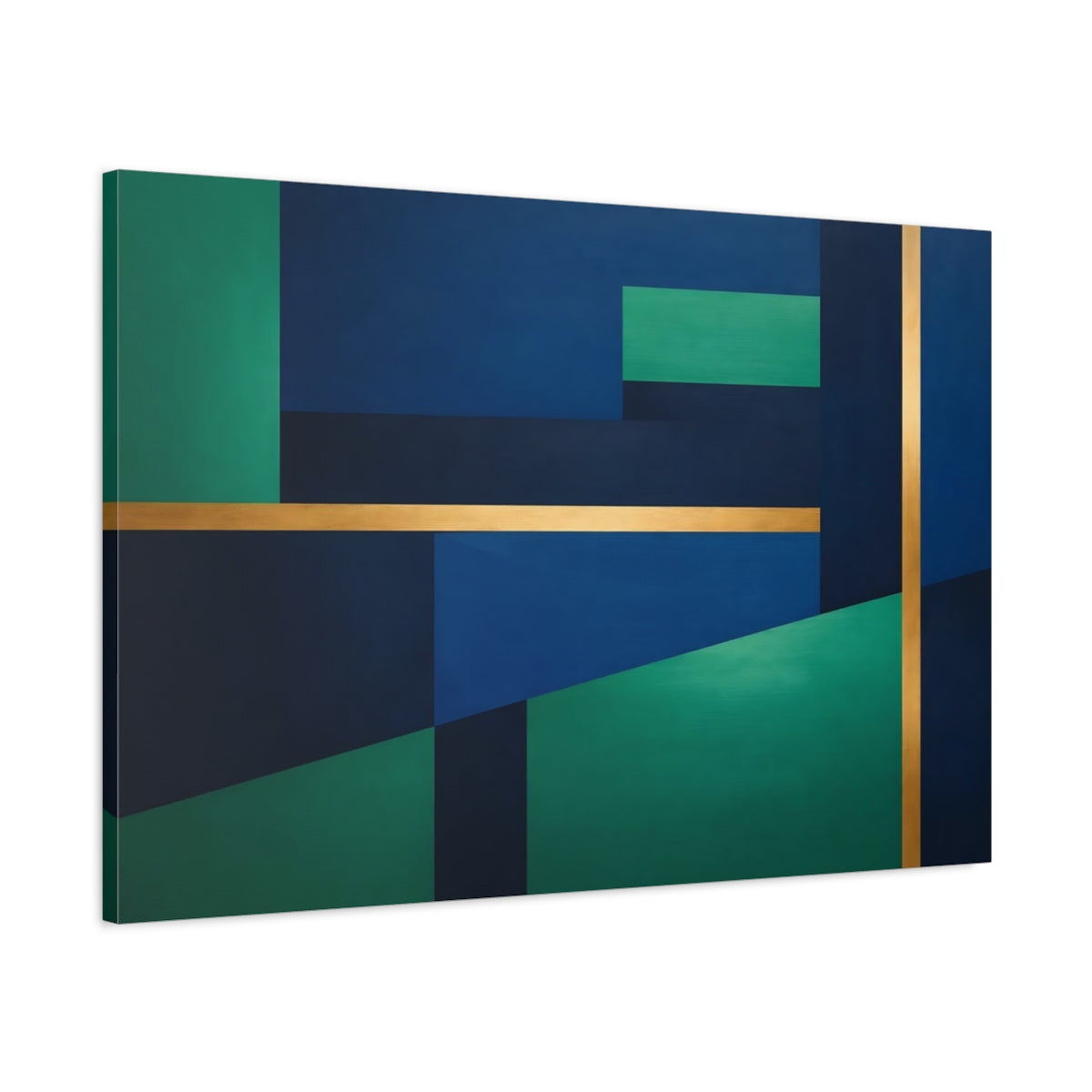 Side Mockup 1. Abstract Geometric Shapes Blue Green Gold Abstract shown as stretched canvas wall art