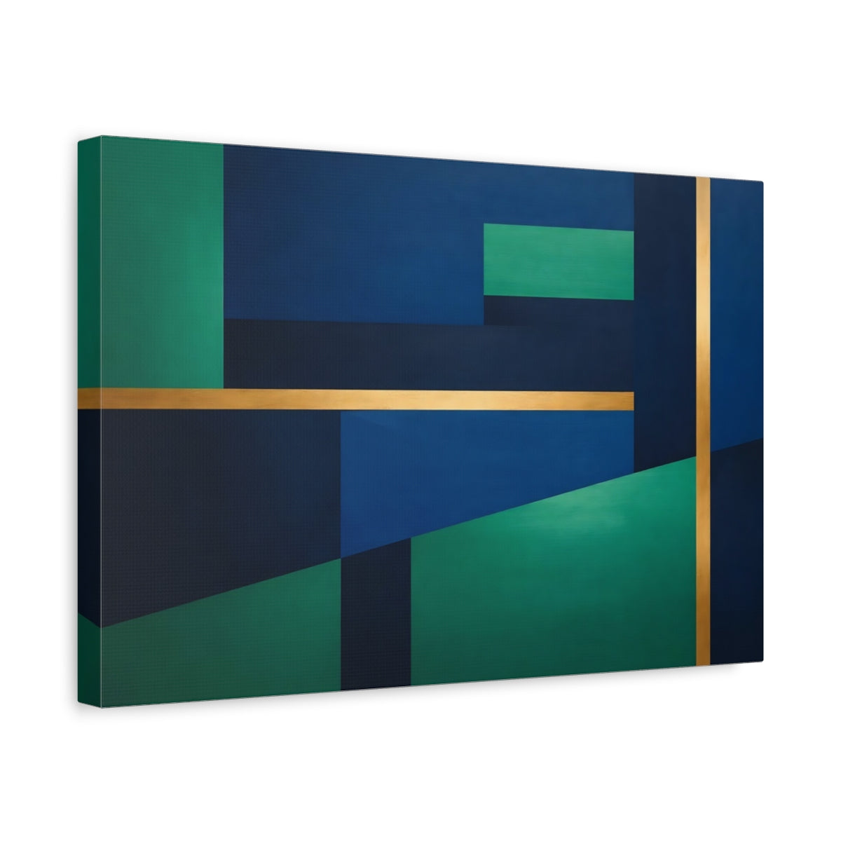 Side Mockup 4. Abstract Geometric Shapes Blue Green Gold Abstract shown as stretched canvas wall art