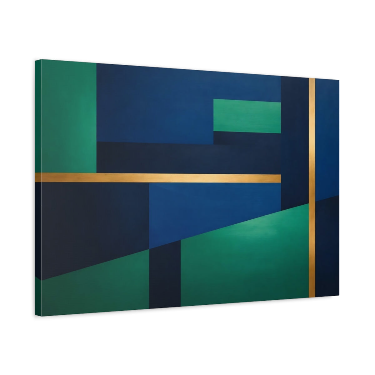 Side Mockup 2. Abstract Geometric Shapes Blue Green Gold Abstract shown as stretched canvas wall art