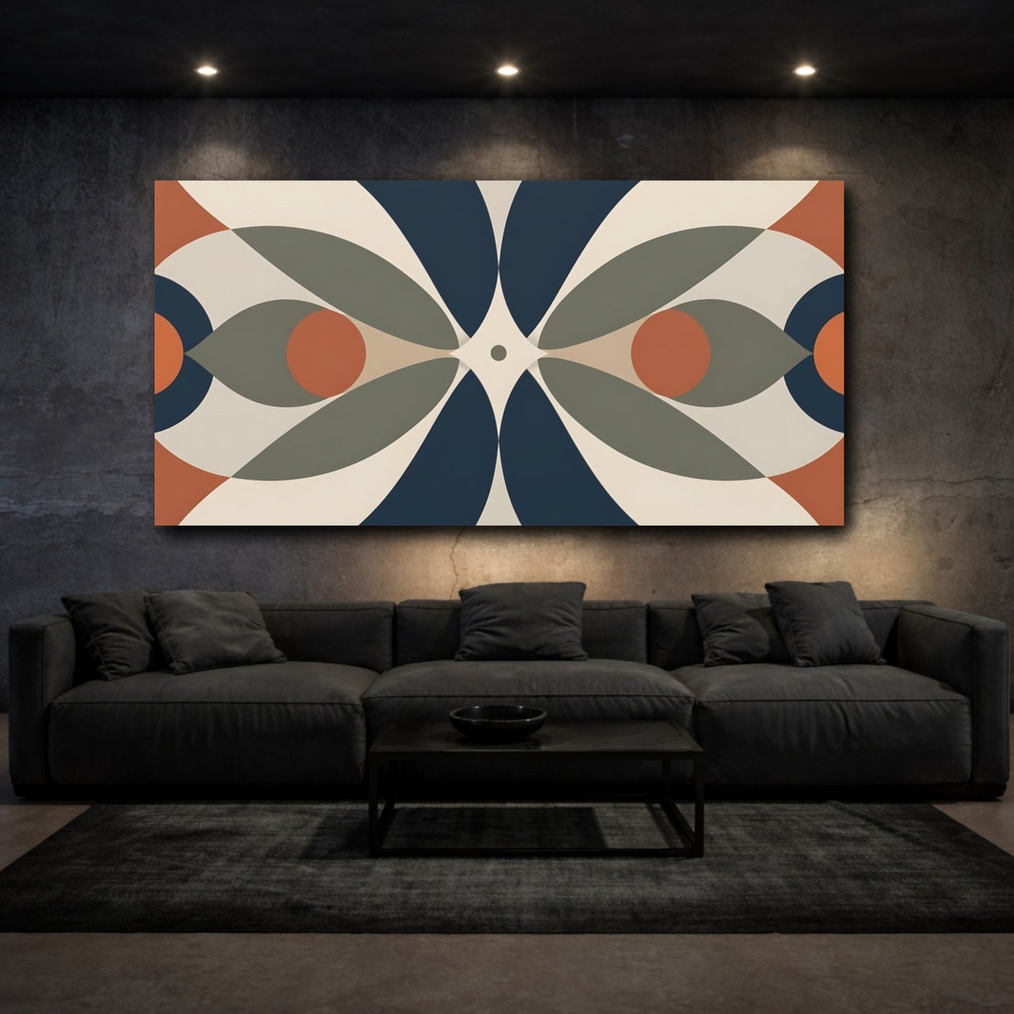 Mockup 2. Abstract Geometric Shapes Blue Orange Abstract shown as stretched canvas wall art