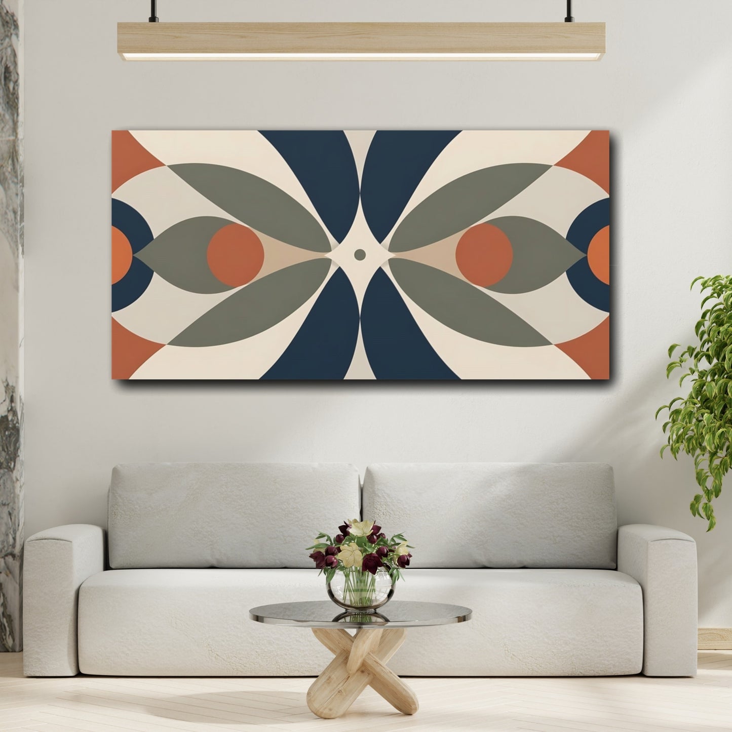 Mockup 3. Abstract Geometric Shapes Blue Orange Abstract shown as stretched canvas wall art