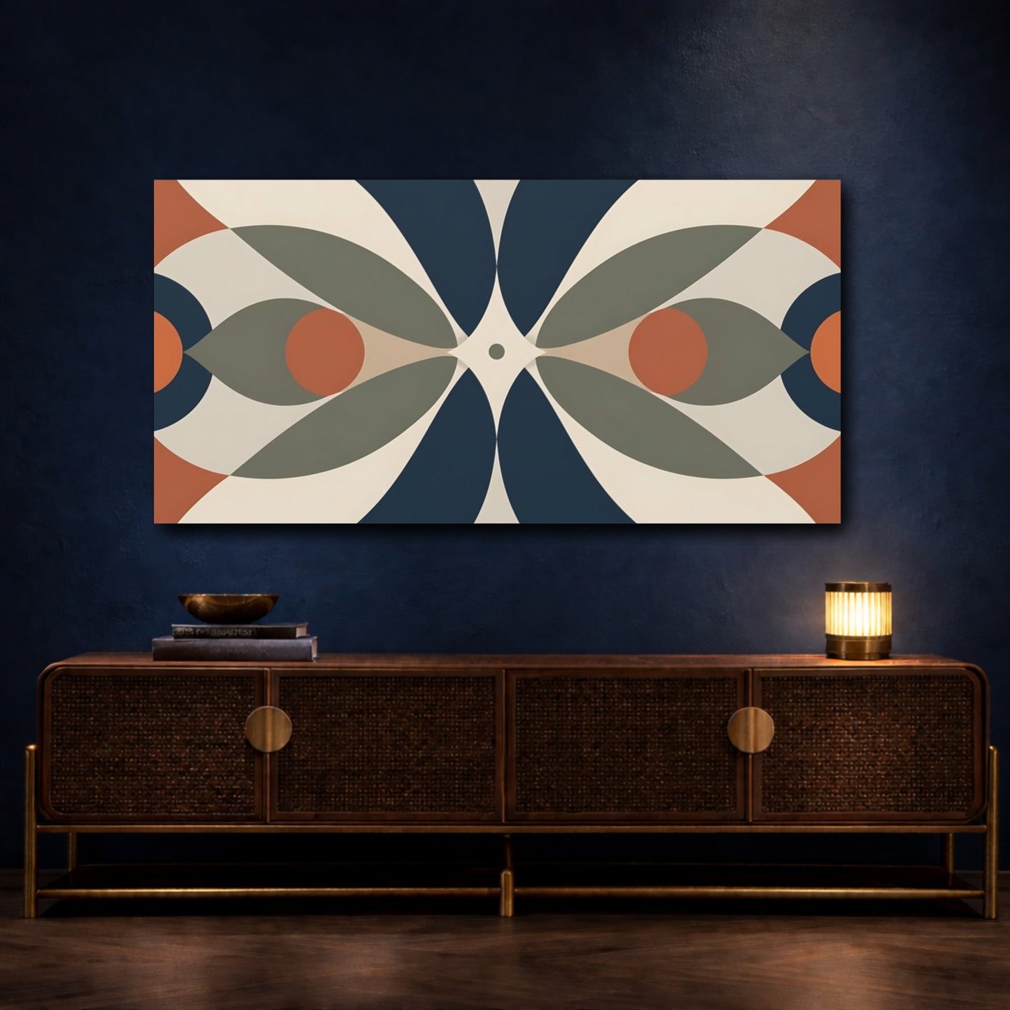 Mockup 4. Abstract Geometric Shapes Blue Orange Abstract shown as stretched canvas wall art