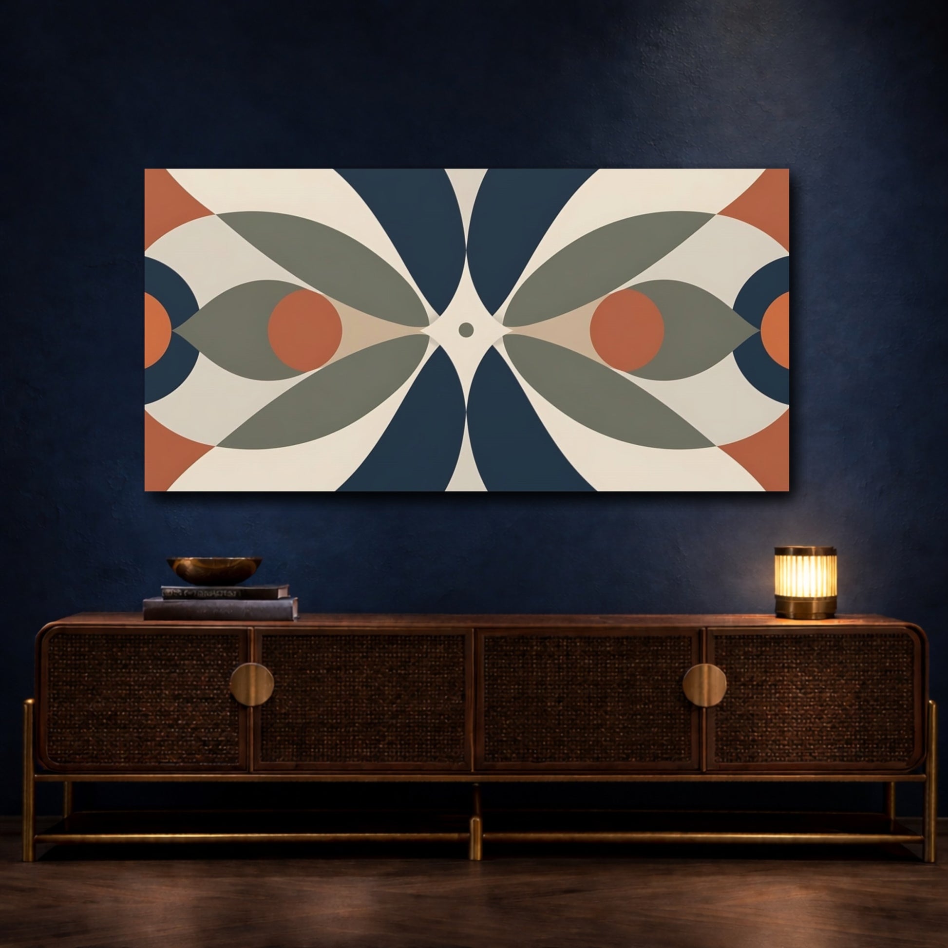 Mockup 4. Abstract Geometric Shapes Blue Orange Abstract shown as stretched canvas wall art
