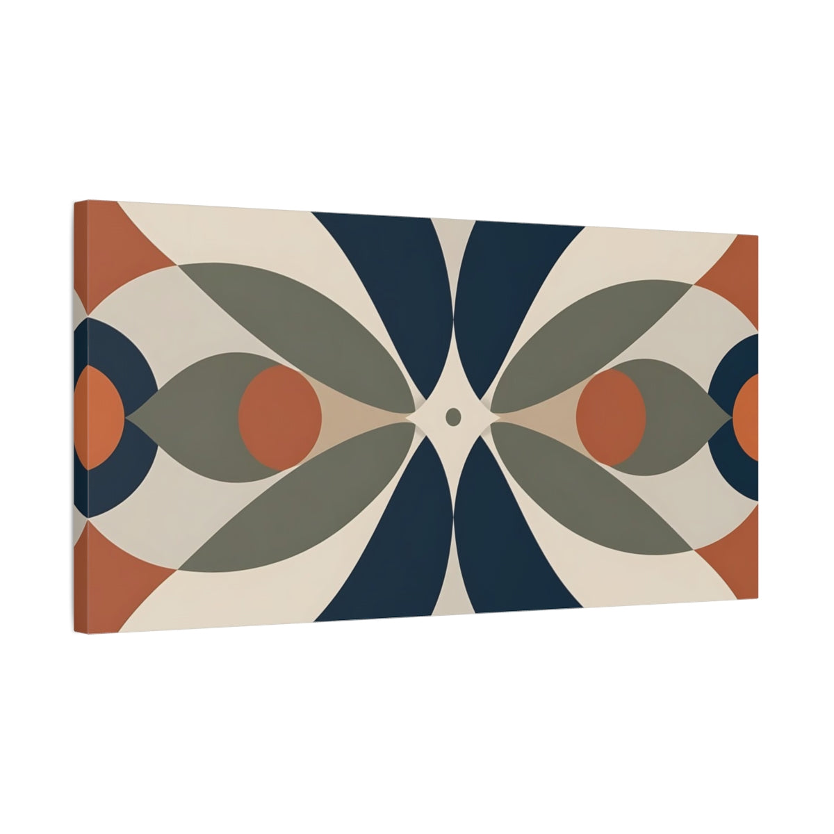 Side Mockup 1. Abstract Geometric Shapes Blue Orange Abstract shown as stretched canvas wall art