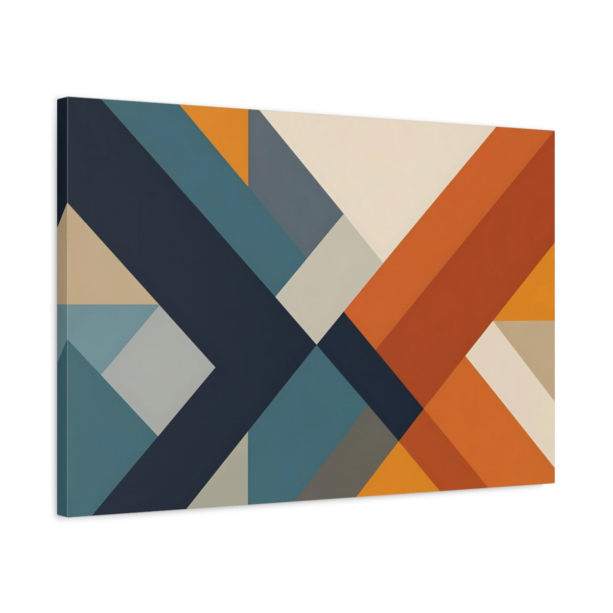 Side Mockup 2. Abstract Geometric Shapes Blue Orange Geometric shown as stretched canvas wall art