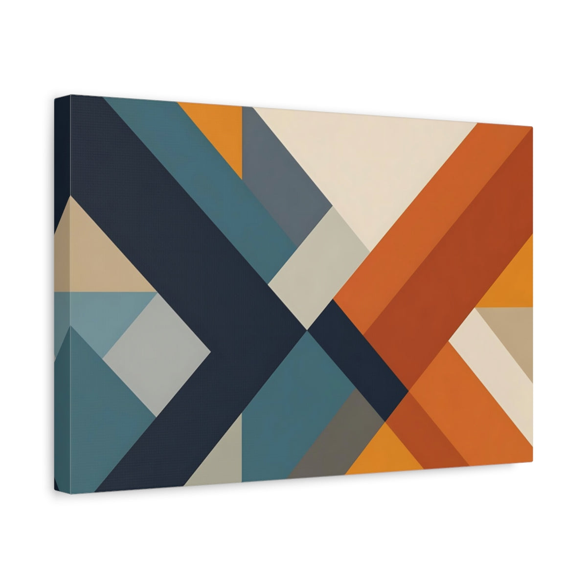 Side Mockup 4. Abstract Geometric Shapes Blue Orange Geometric shown as stretched canvas wall art