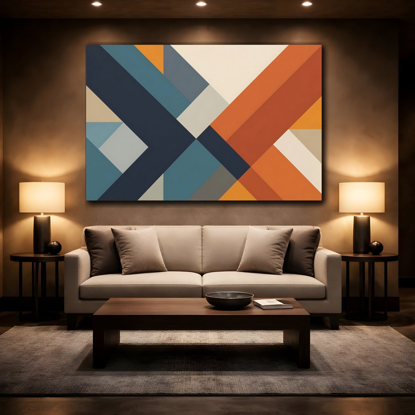 Mockup 2. Abstract Geometric Shapes Blue Orange Geometric shown as stretched canvas wall art