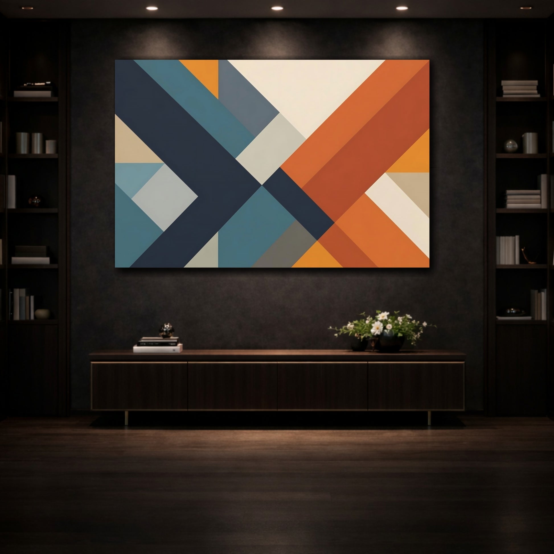 Mockup 3. Abstract Geometric Shapes Blue Orange Geometric shown as stretched canvas wall art