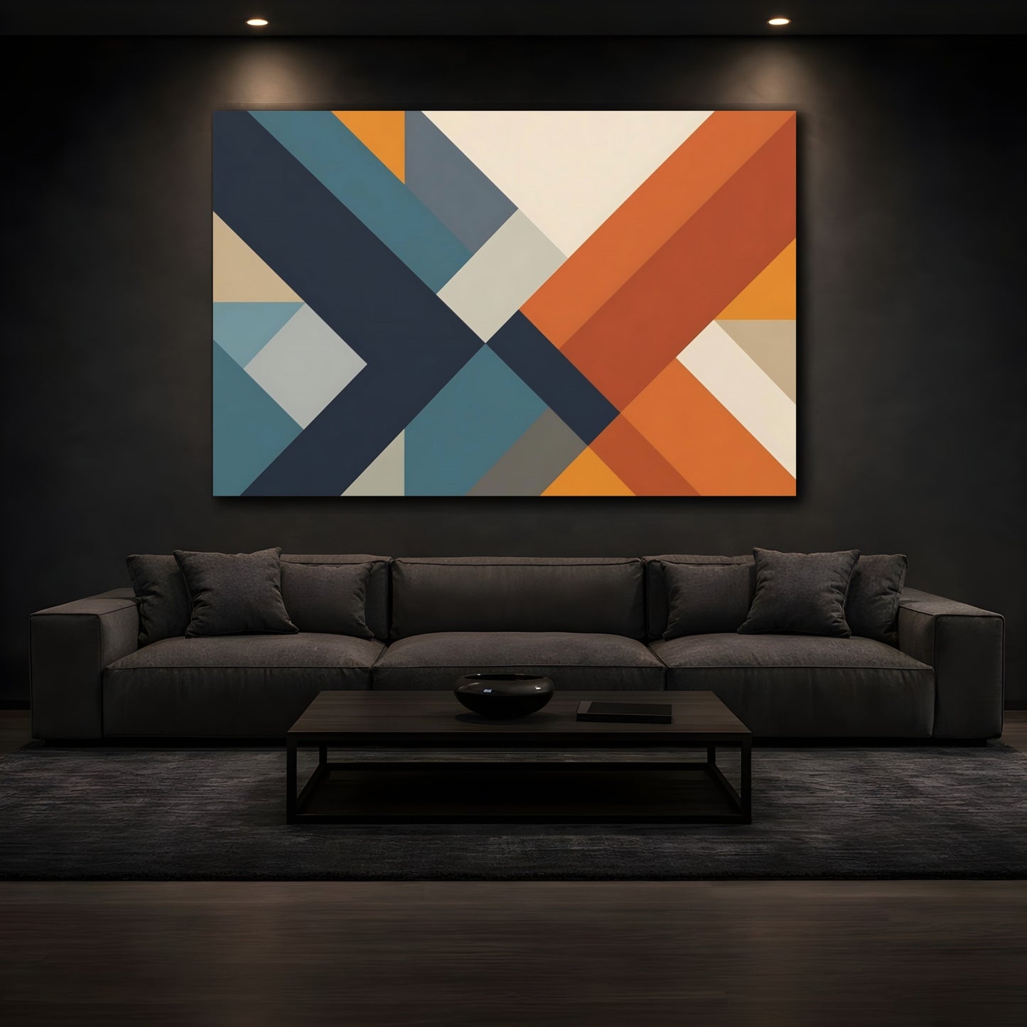 Mockup 4. Abstract Geometric Shapes Blue Orange Geometric shown as stretched canvas wall art