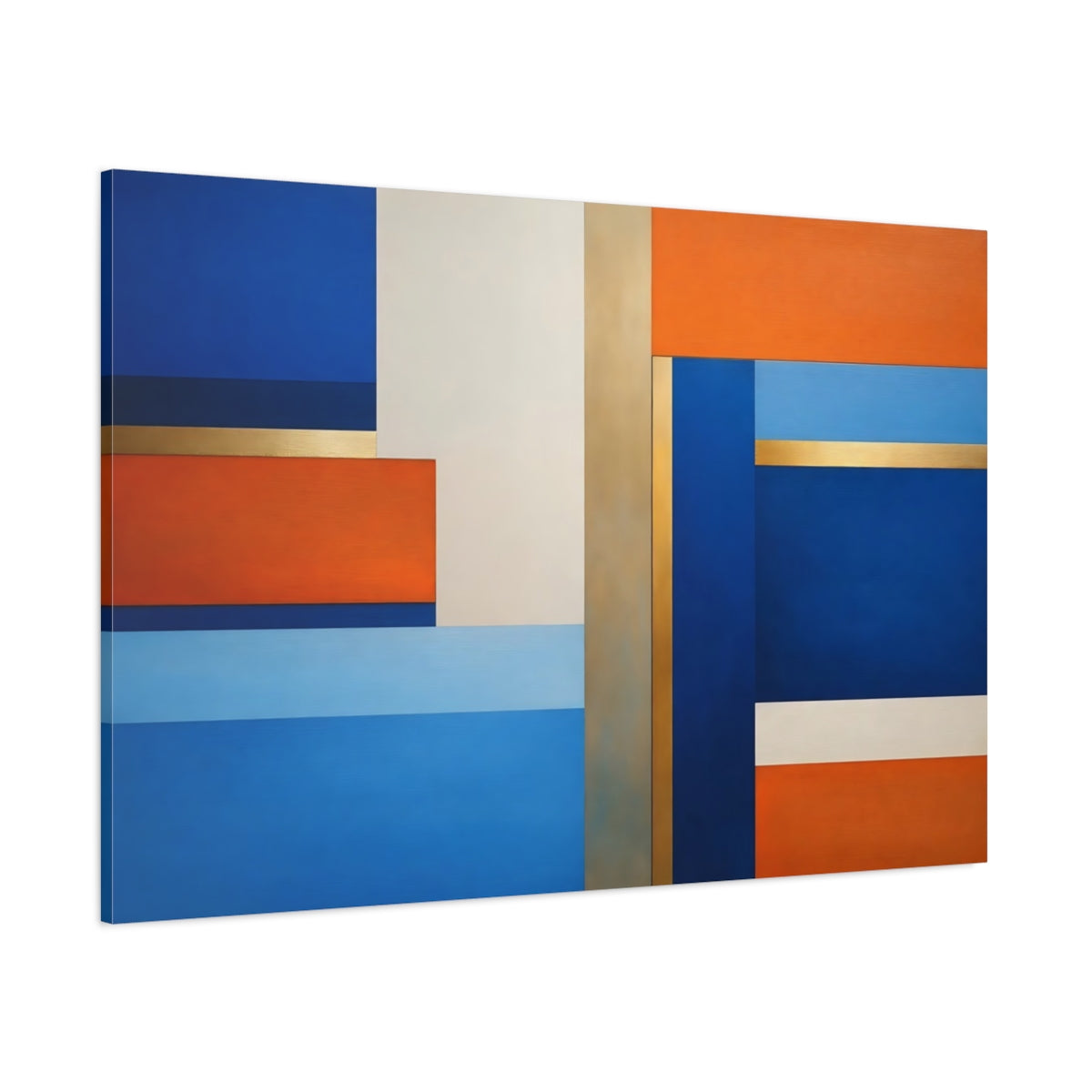 Main Mockup. Abstract Geometric Shapes Blue Orange Gold Abstract shown as stretched canvas wall art