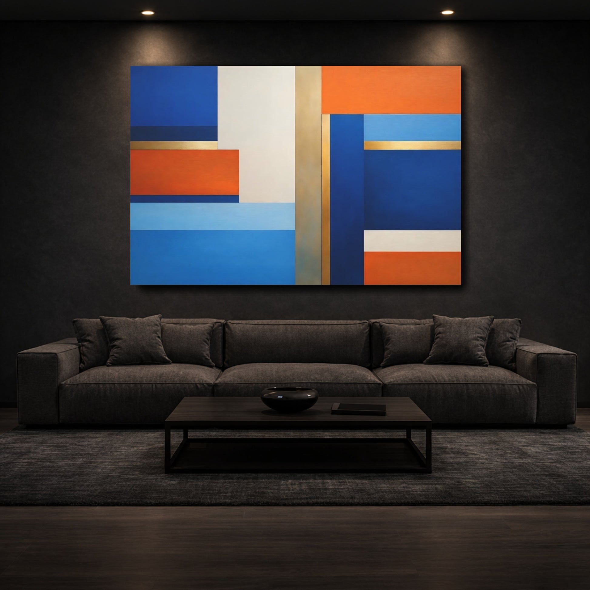Mockup 2. Abstract Geometric Shapes Blue Orange Gold Abstract shown as stretched canvas wall art