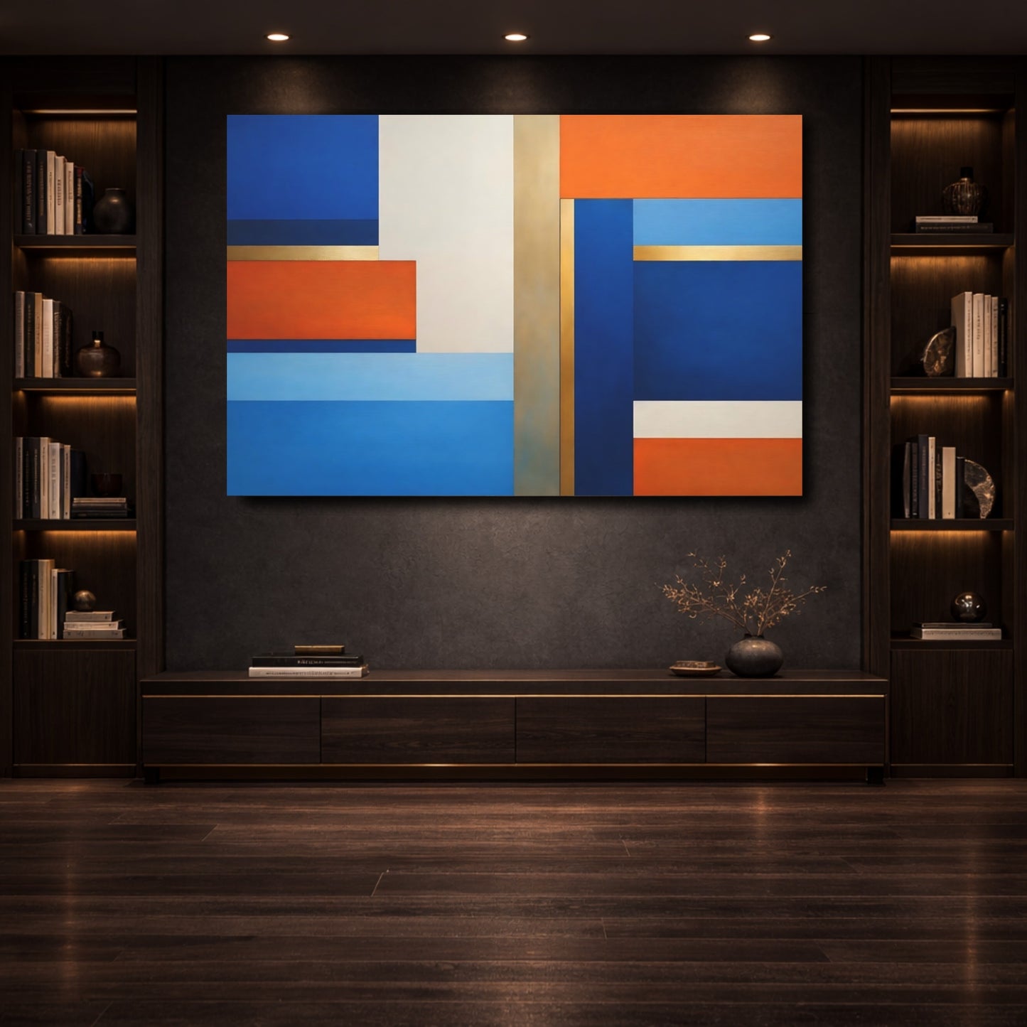 Mockup 3. Abstract Geometric Shapes Blue Orange Gold Abstract shown as stretched canvas wall art
