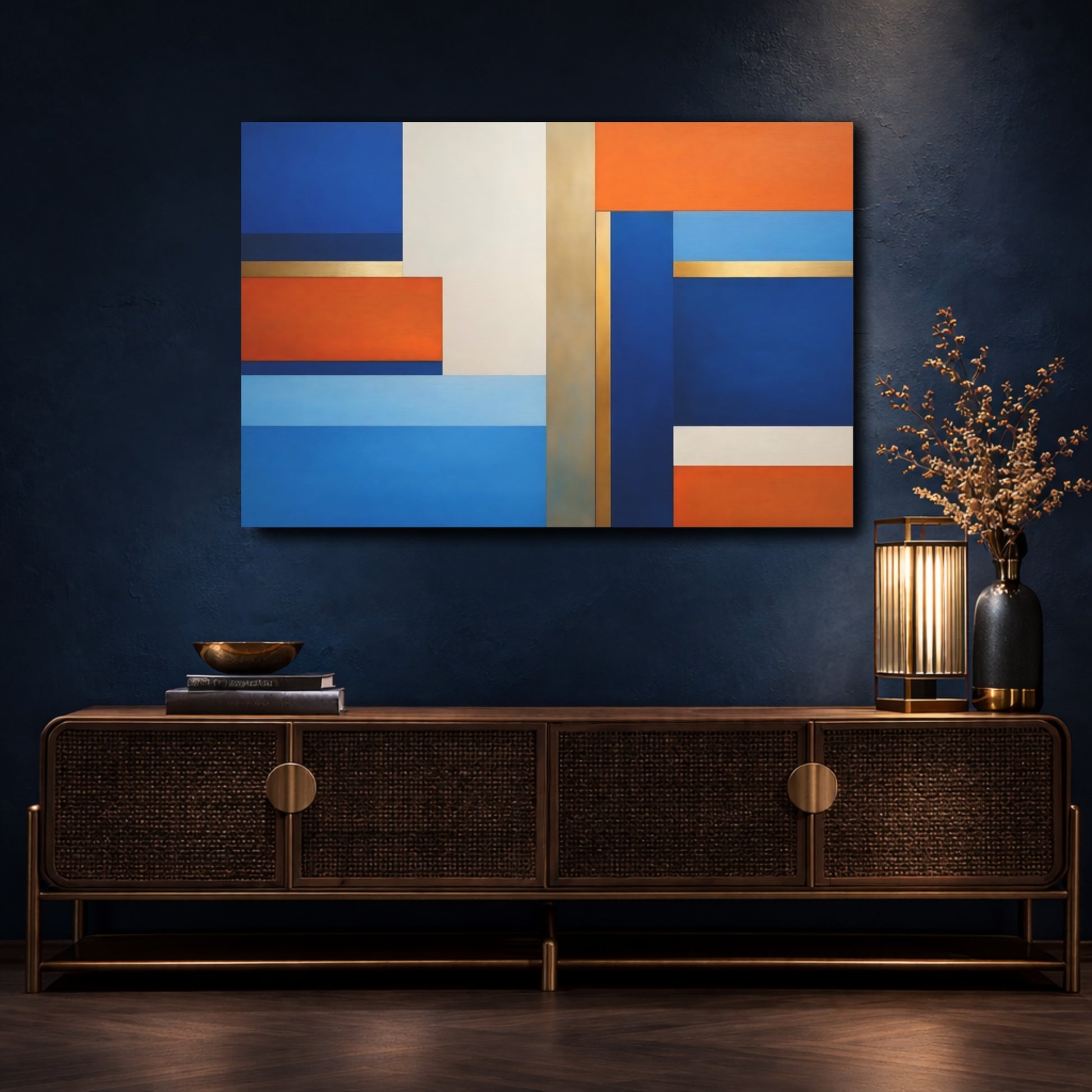 Mockup 4. Abstract Geometric Shapes Blue Orange Gold Abstract shown as stretched canvas wall art
