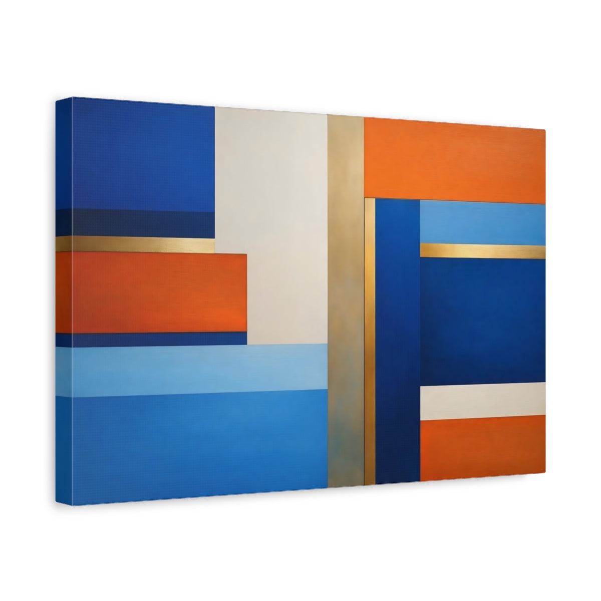Side Mockup 4. Abstract Geometric Shapes Blue Orange Gold Abstract shown as stretched canvas wall art