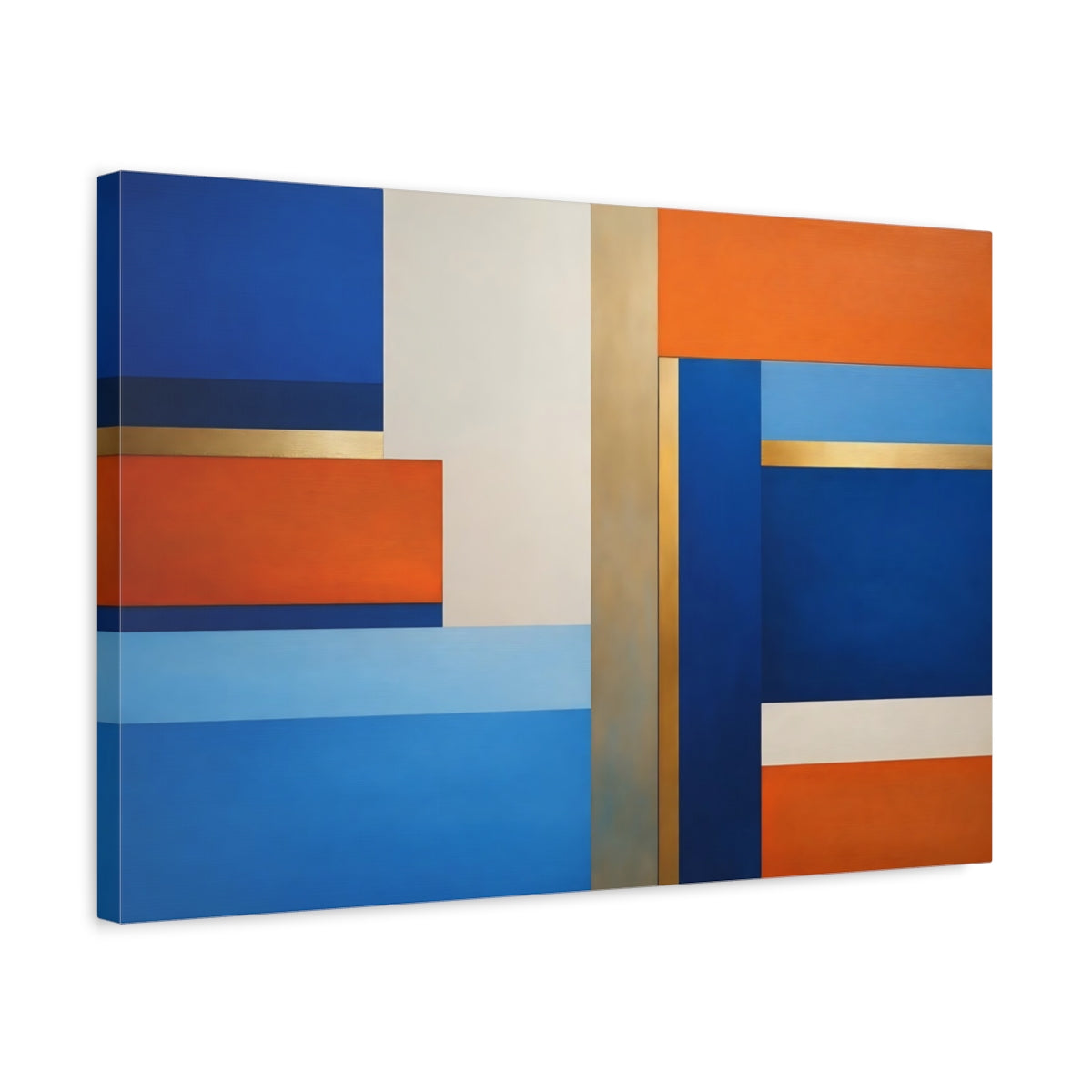 Side Mockup 3. Abstract Geometric Shapes Blue Orange Gold Abstract shown as stretched canvas wall art