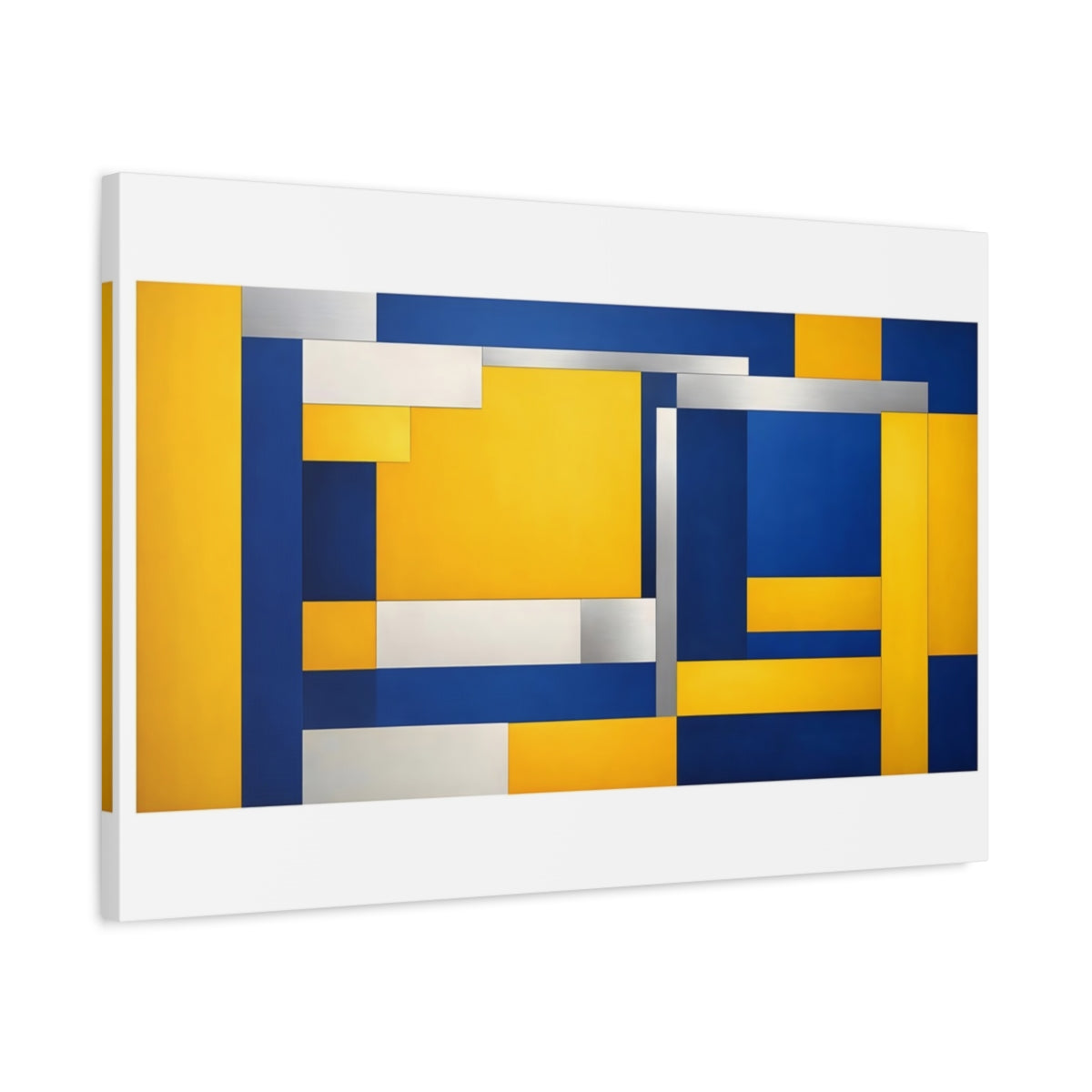 Side Mockup 2. Abstract Geometric Shapes Blue Yellow Geometric shown as stretched canvas wall art