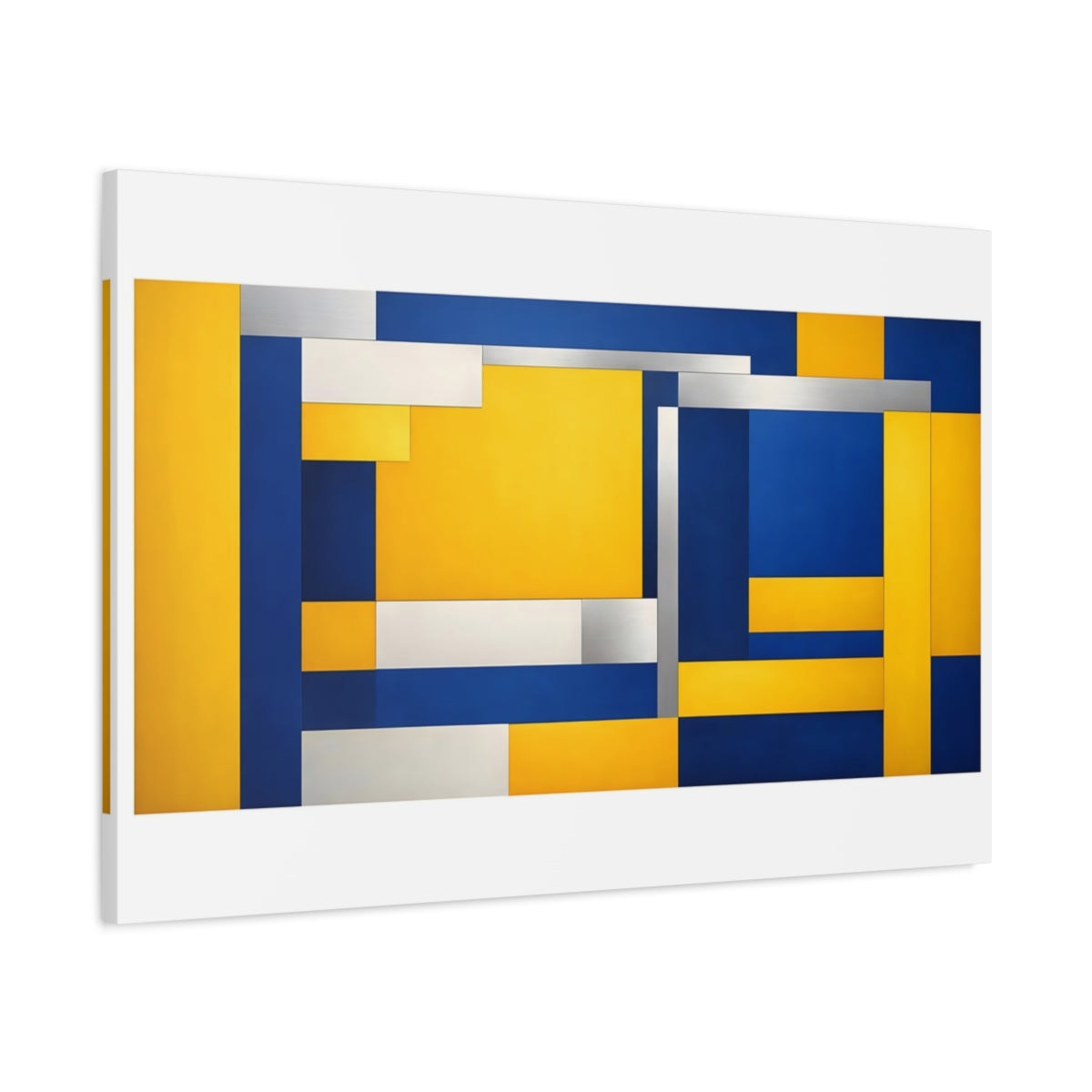 Side Mockup 1. Abstract Geometric Shapes Blue Yellow Geometric shown as stretched canvas wall art