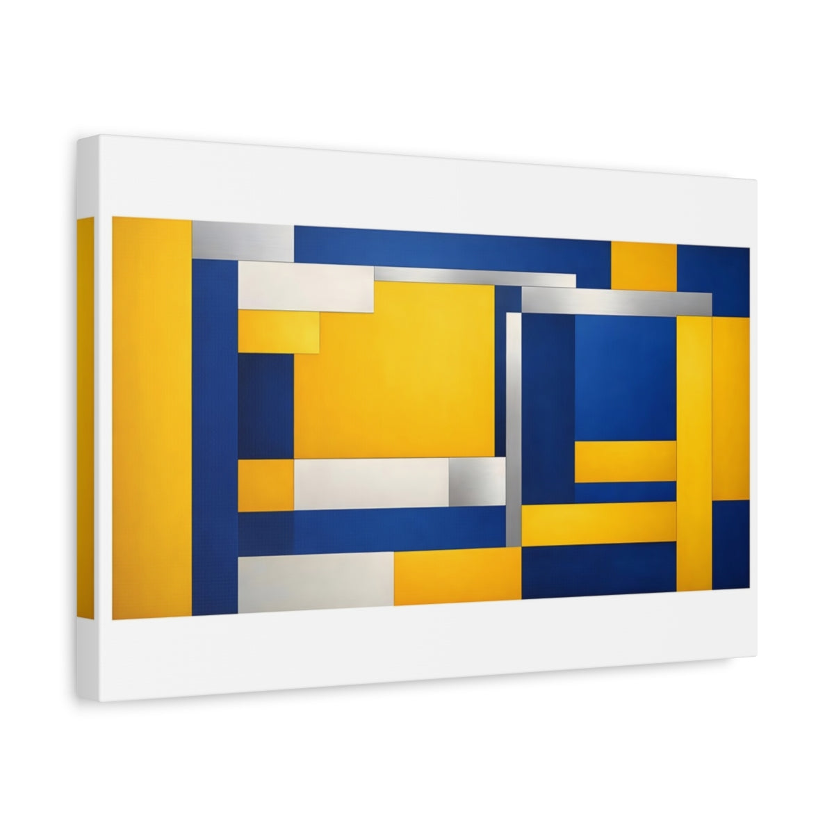 Side Mockup 4. Abstract Geometric Shapes Blue Yellow Geometric shown as stretched canvas wall art