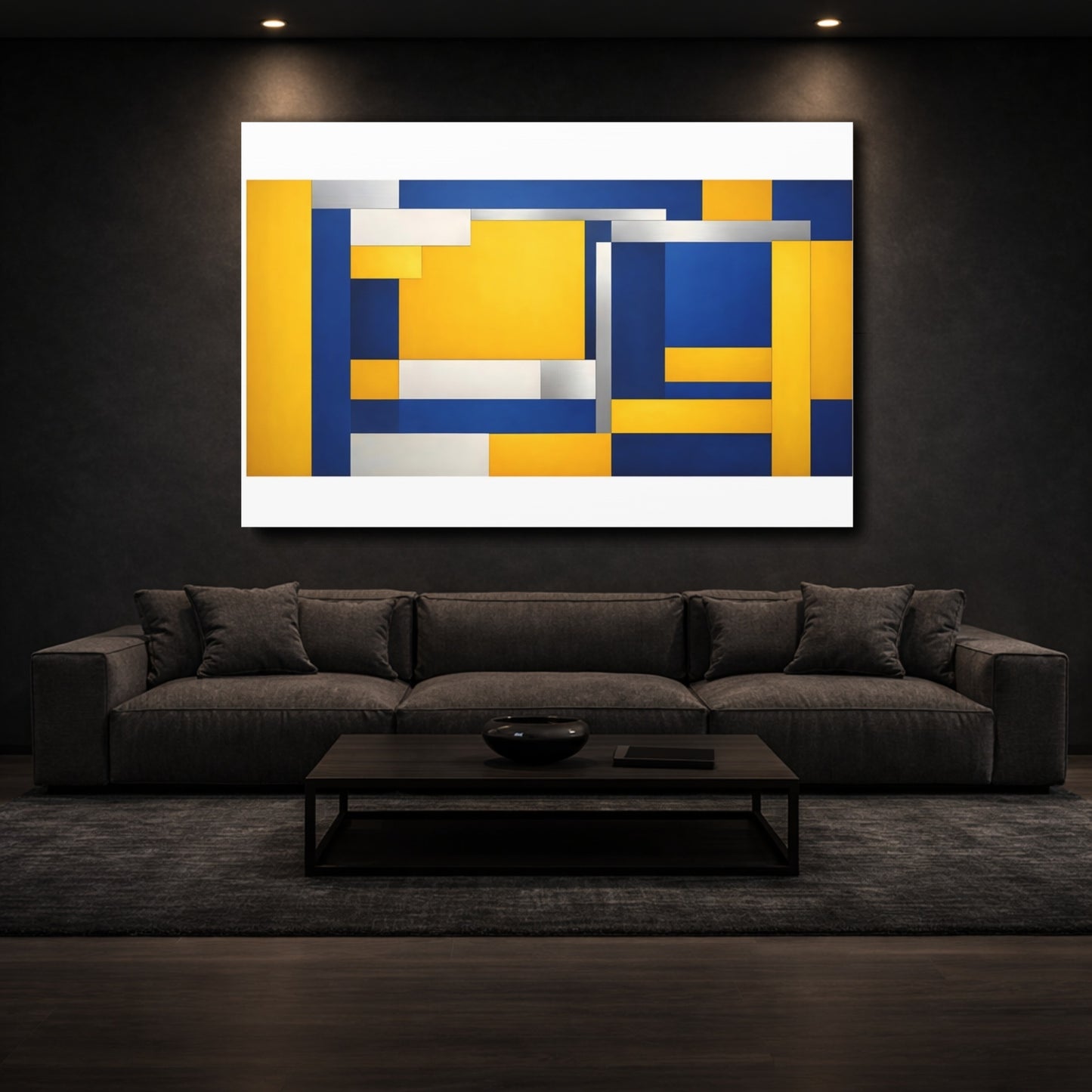 Mockup 2. Abstract Geometric Shapes Blue Yellow Geometric shown as stretched canvas wall art