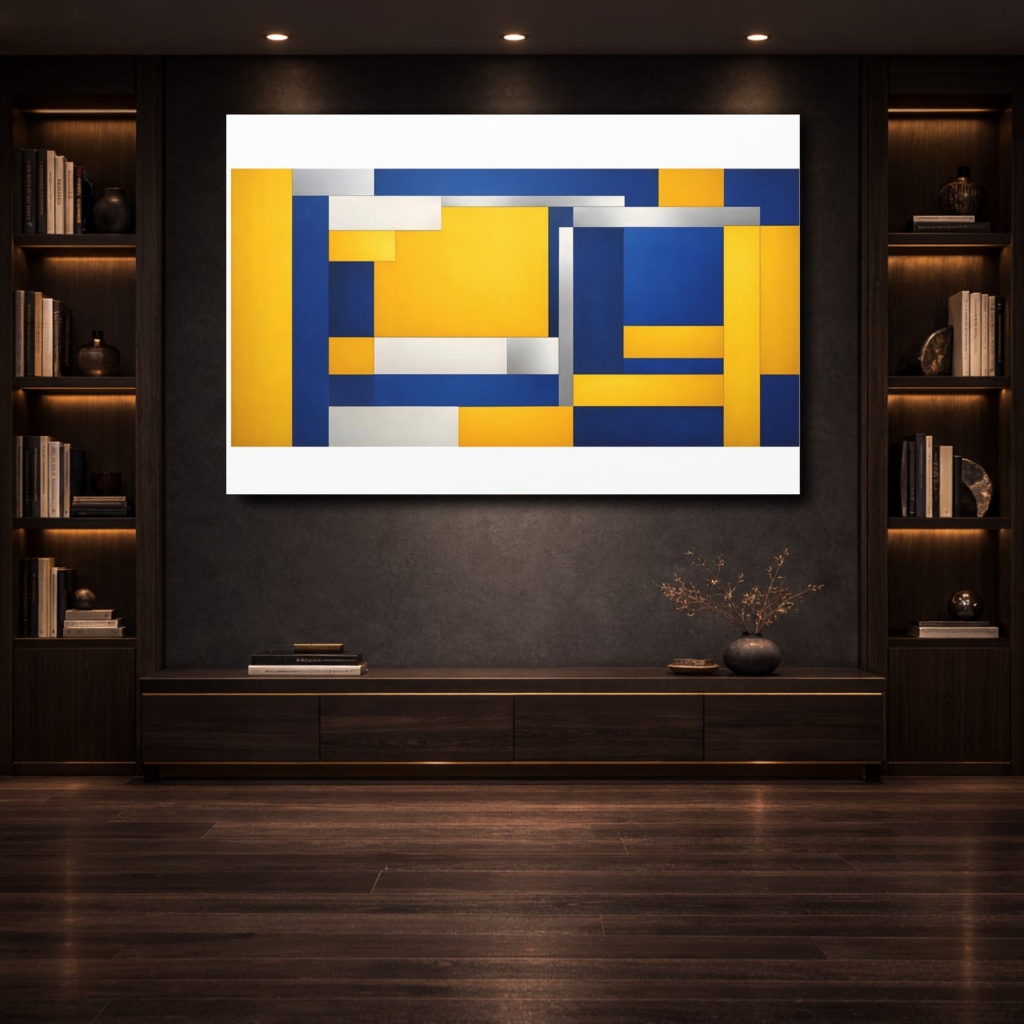Mockup 3. Abstract Geometric Shapes Blue Yellow Geometric shown as stretched canvas wall art