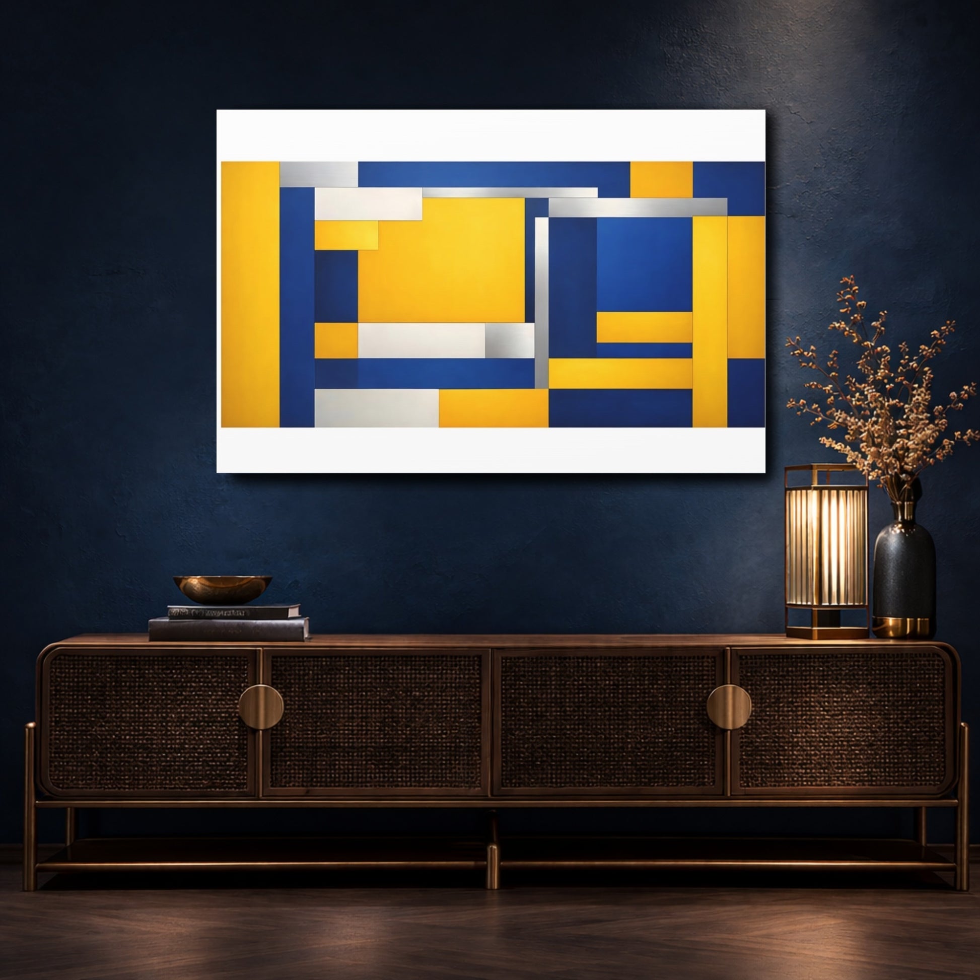 Mockup 4. Abstract Geometric Shapes Blue Yellow Geometric shown as stretched canvas wall art