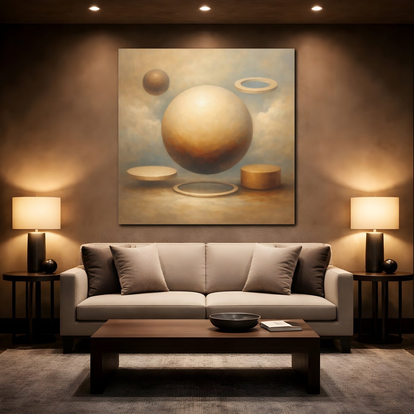Mockup 2. Abstract Geometric Shapes Brown And Beige Abstract shown as stretched canvas wall art