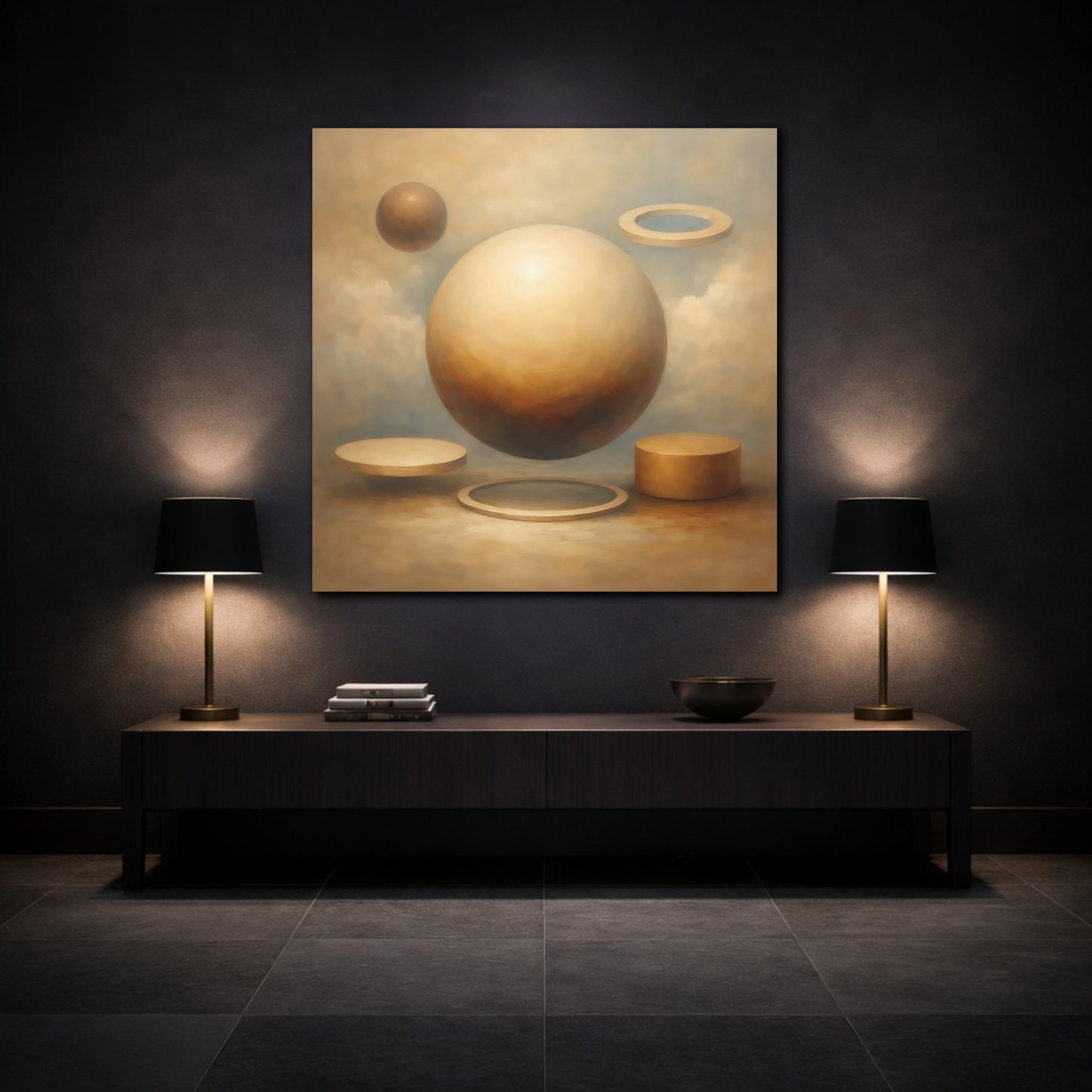 Mockup 3. Abstract Geometric Shapes Brown And Beige Abstract shown as stretched canvas wall art