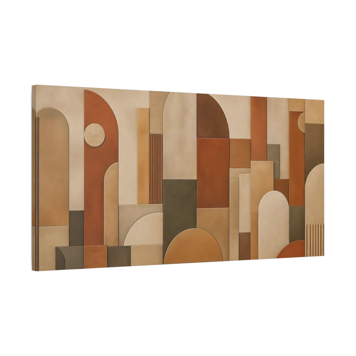 Main Mockup. Abstract Geometric Shapes Brown And Beige shown as stretched canvas wall art