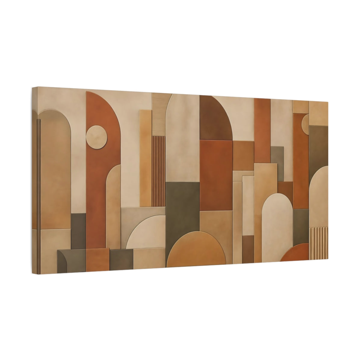 Side Mockup 1. Abstract Geometric Shapes Brown And Beige shown as stretched canvas wall art