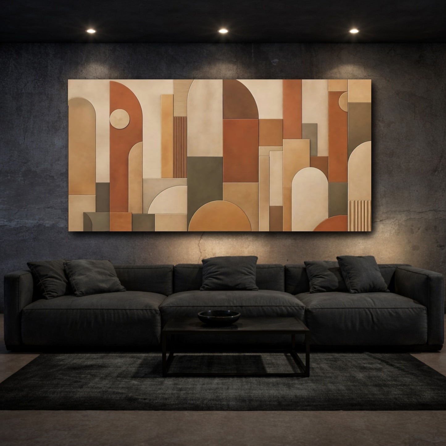 Mockup 2. Abstract Geometric Shapes Brown And Beige shown as stretched canvas wall art