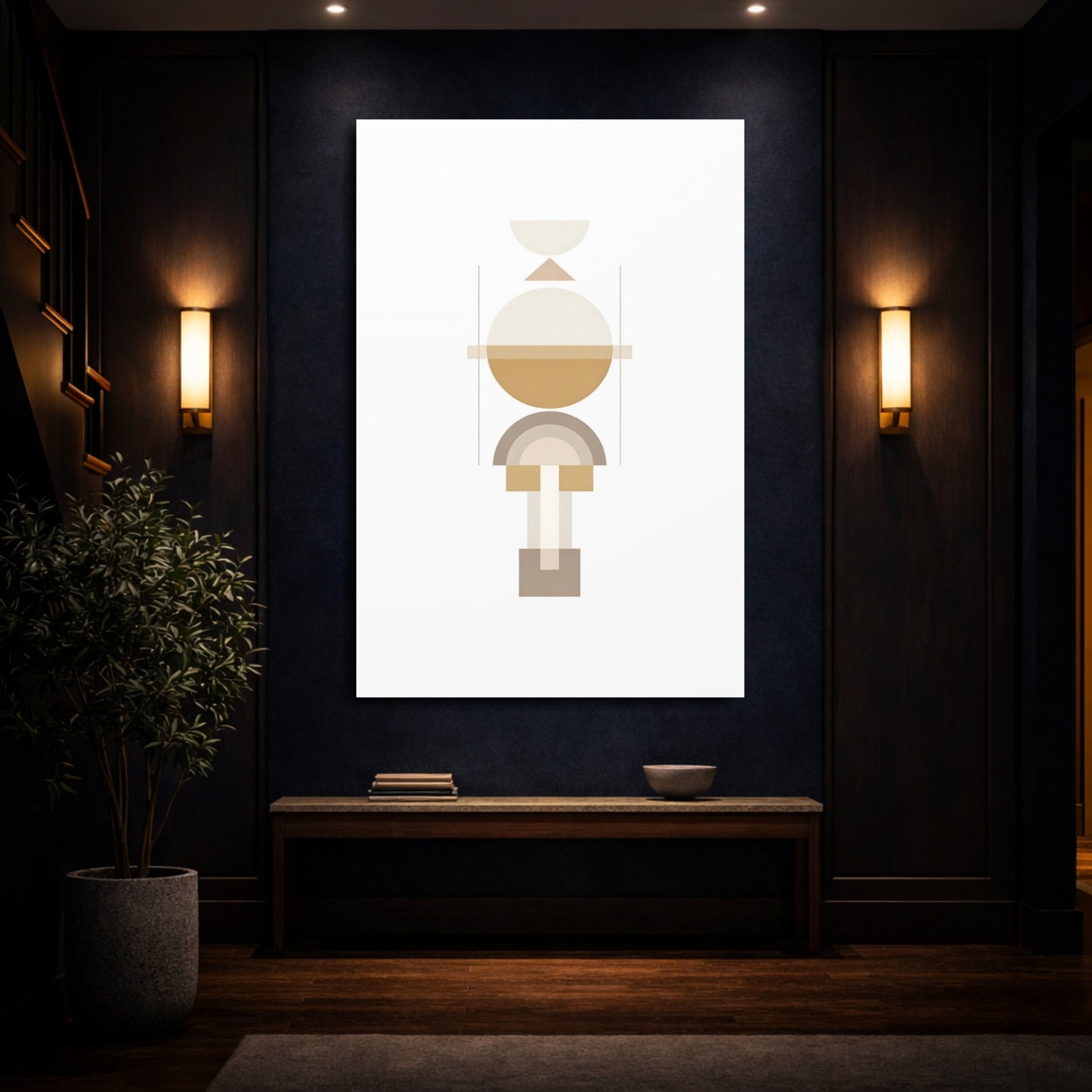 Mockup 3. Abstract Geometric Shapes Brown And Beige shown as stretched canvas wall art