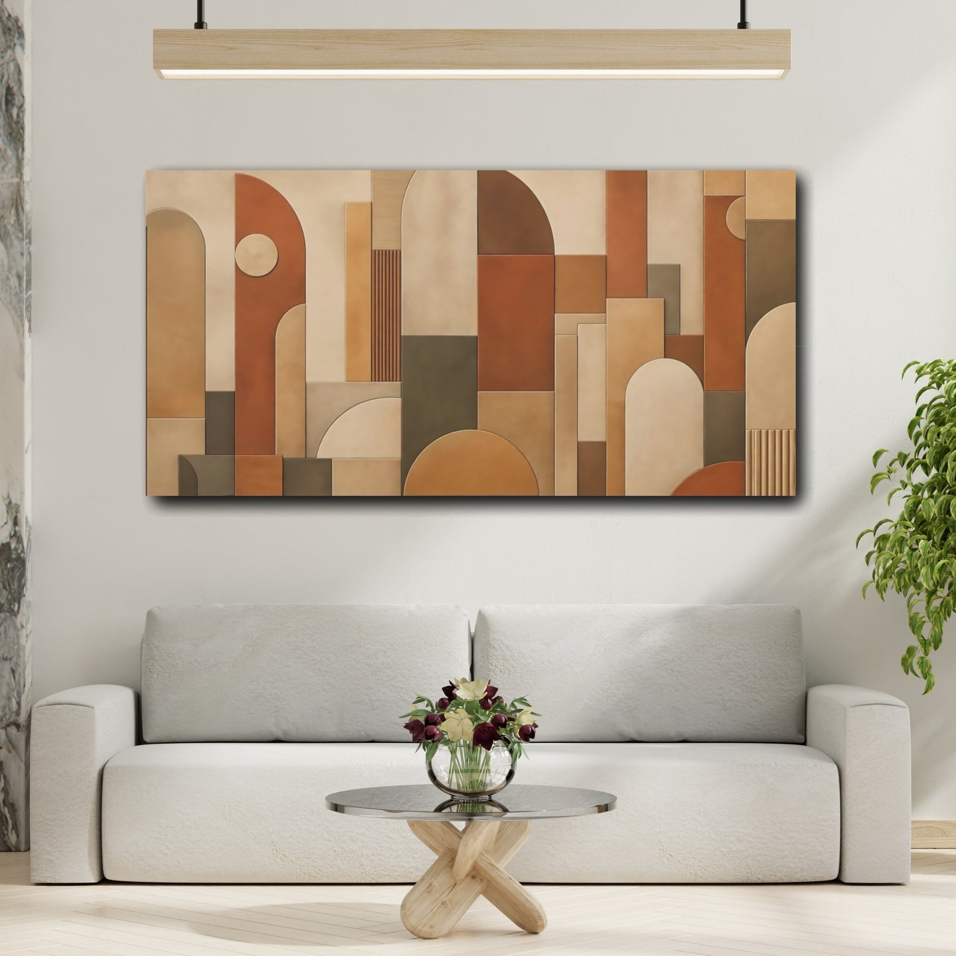Mockup 3. Abstract Geometric Shapes Brown And Beige shown as stretched canvas wall art