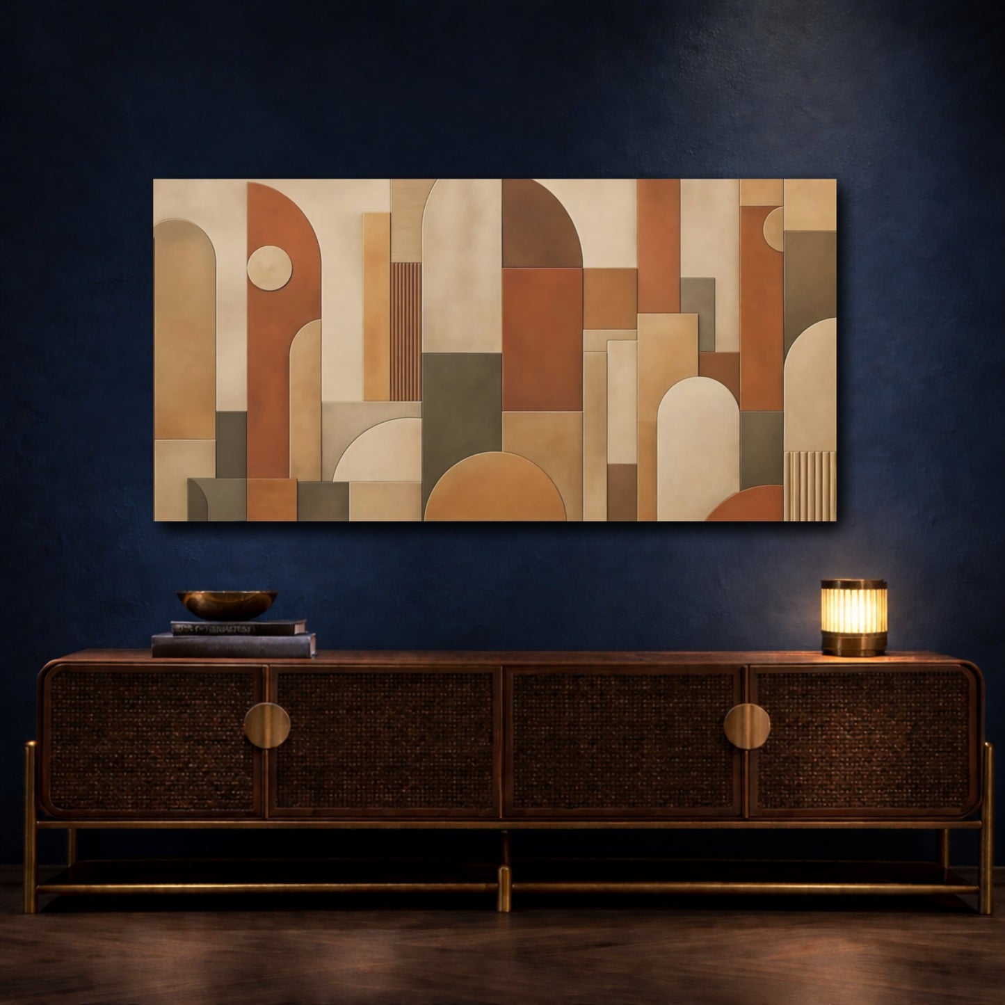 Mockup 4. Abstract Geometric Shapes Brown And Beige shown as stretched canvas wall art