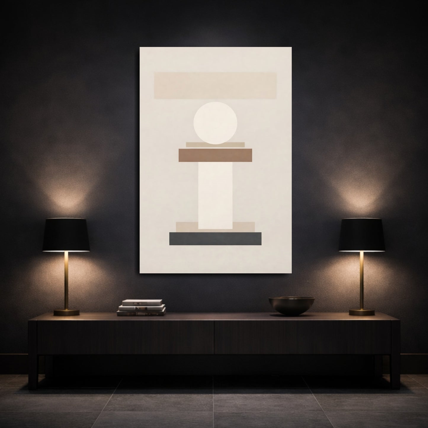Abstract Geometric Shapes Brown And Black shown as front canvas room wall art