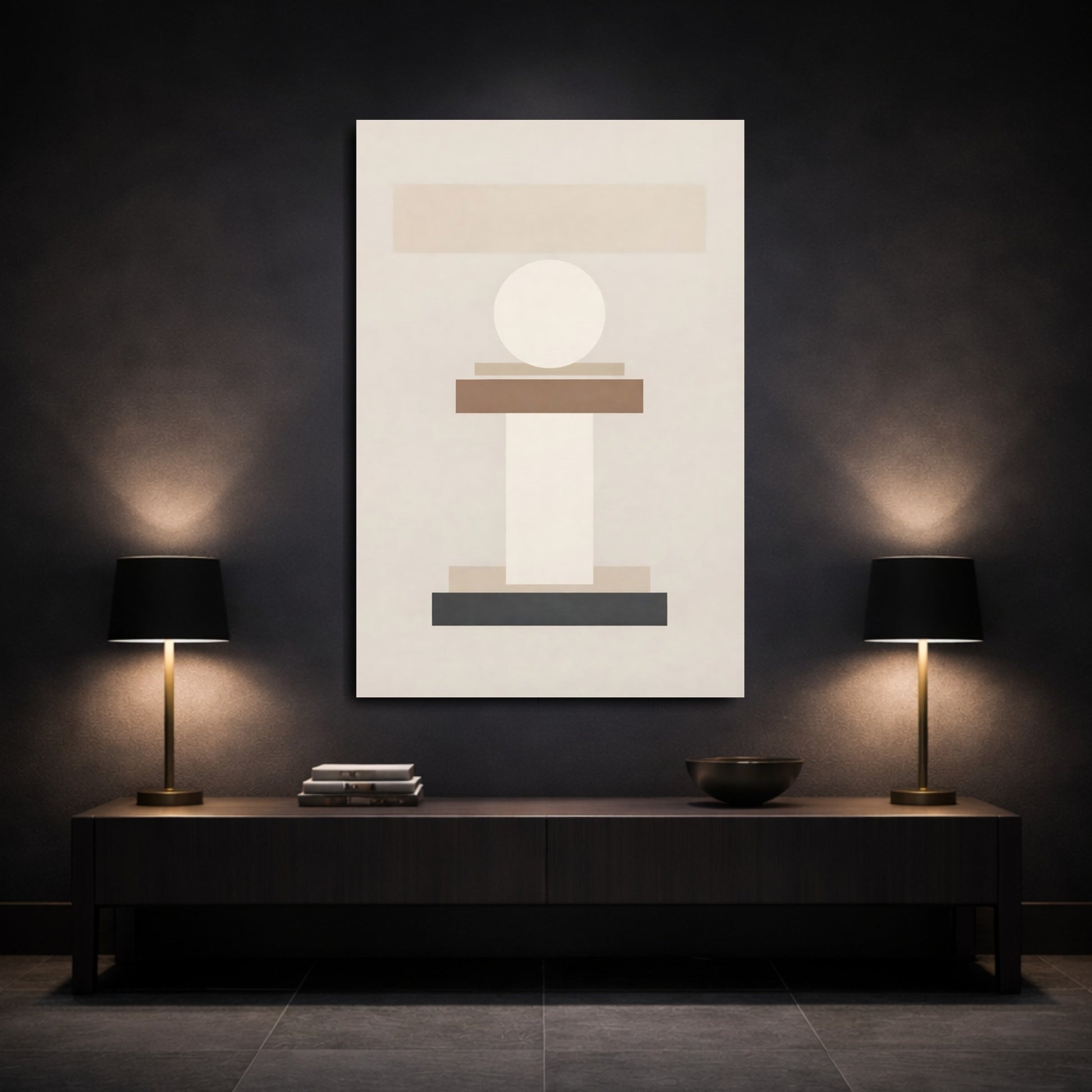 Abstract Geometric Shapes Brown And Black shown as front canvas room wall art