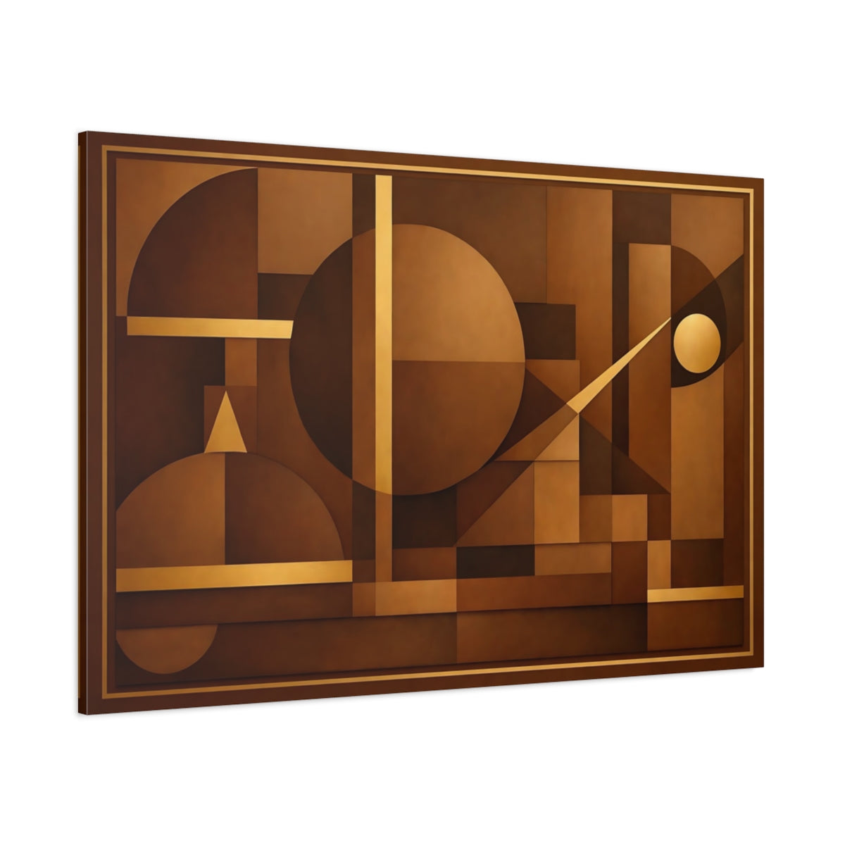 Main Mockup. Abstract Geometric Shapes Brown And Gold shown as stretched canvas wall art