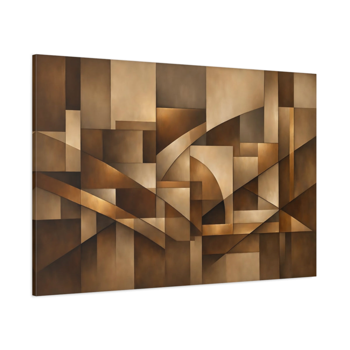 Main Mockup. Abstract Geometric Shapes Brown And Gold shown as stretched canvas wall art