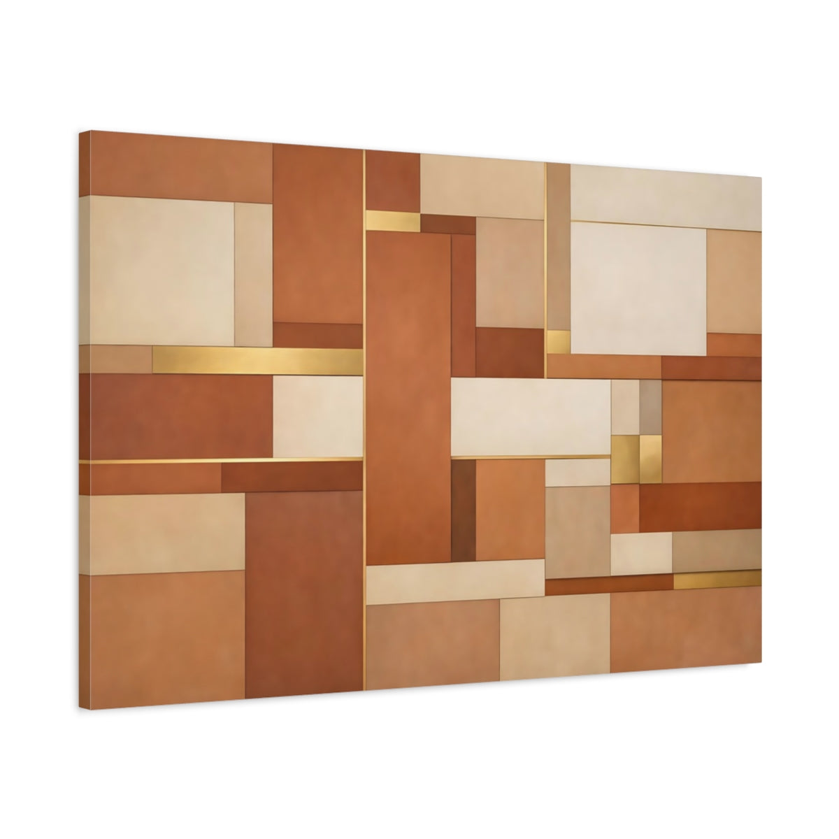 Side Mockup 1. Abstract Geometric Shapes Brown And Gold shown as stretched canvas wall art