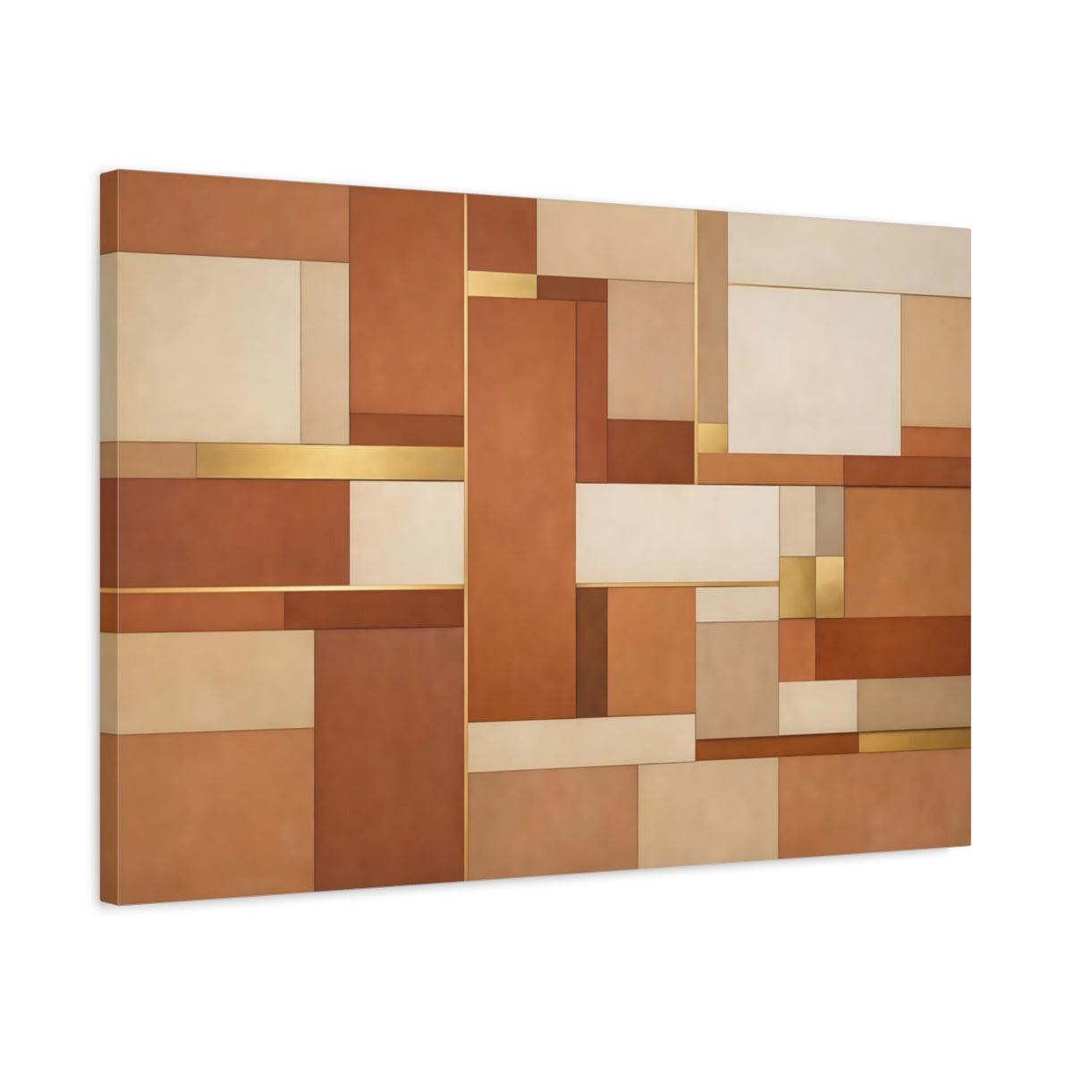Side Mockup 2. Abstract Geometric Shapes Brown And Gold shown as stretched canvas wall art