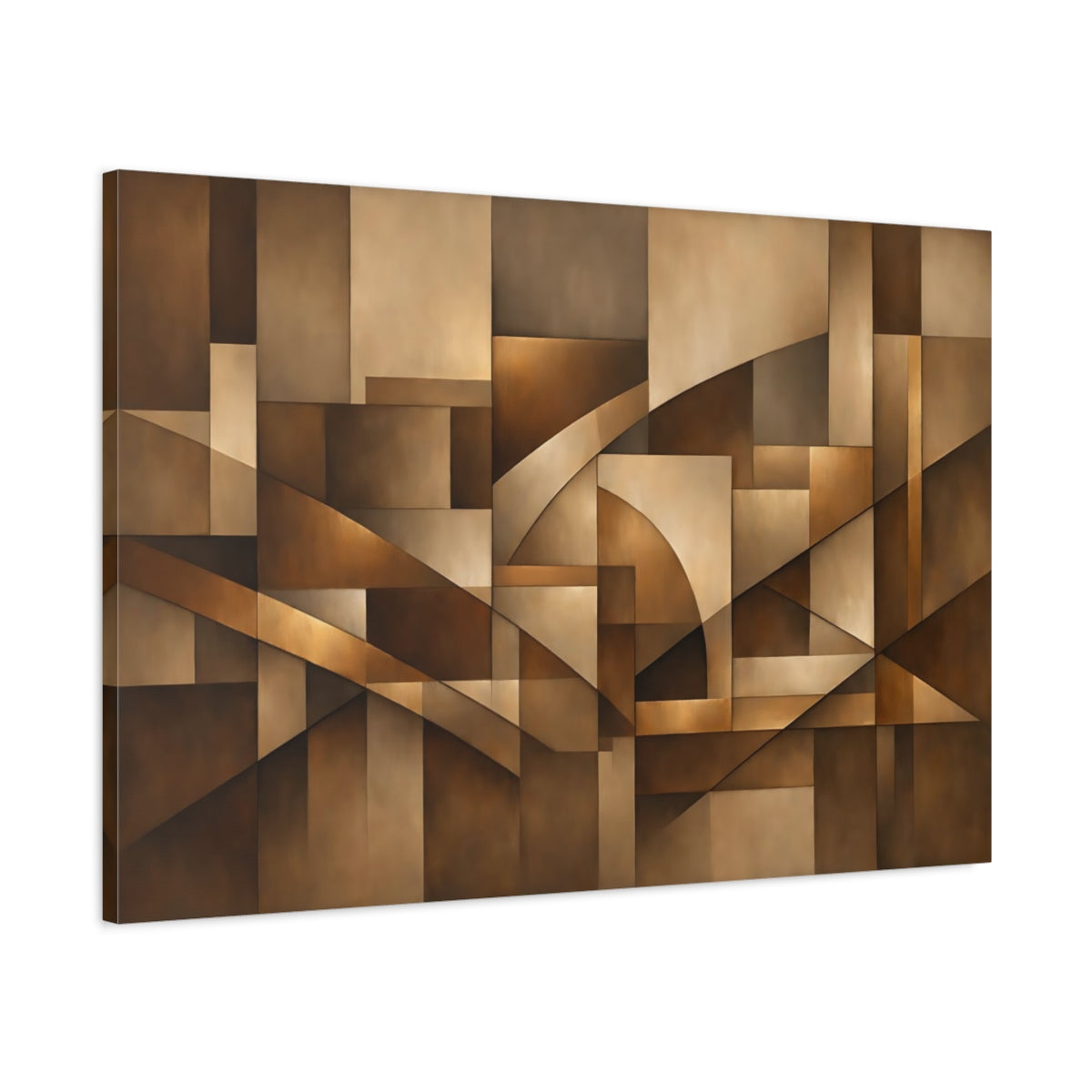 Side Mockup 1. Abstract Geometric Shapes Brown And Gold shown as stretched canvas wall art