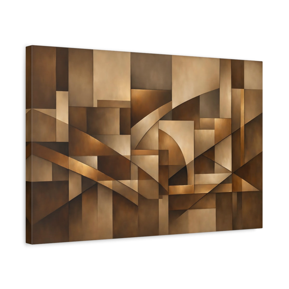 Side Mockup 3. Abstract Geometric Shapes Brown And Gold shown as stretched canvas wall art