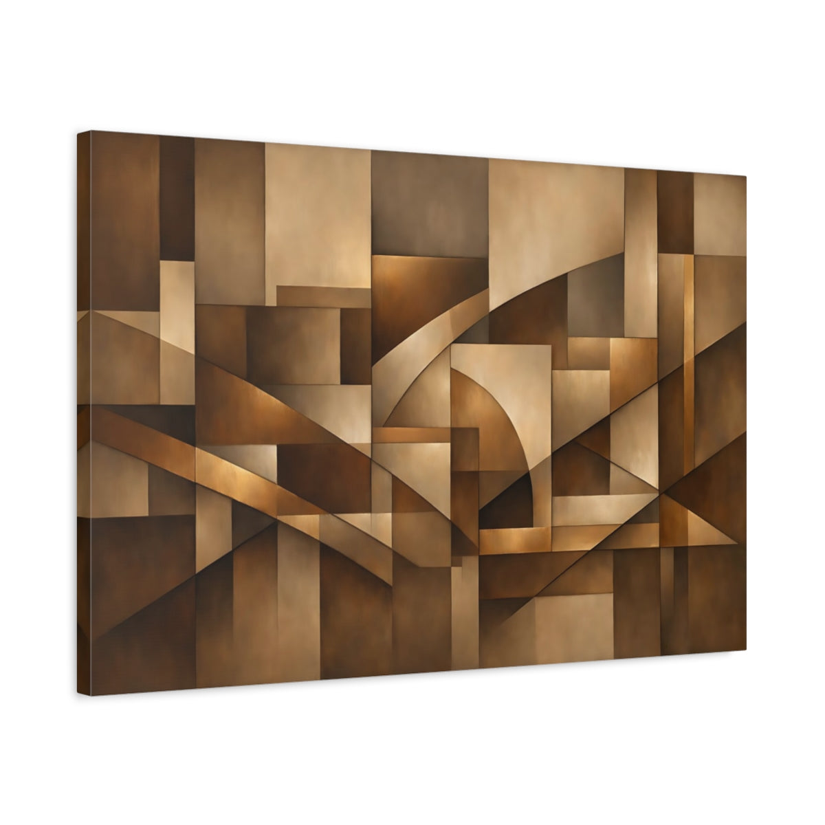 Side Mockup 2. Abstract Geometric Shapes Brown And Gold shown as stretched canvas wall art