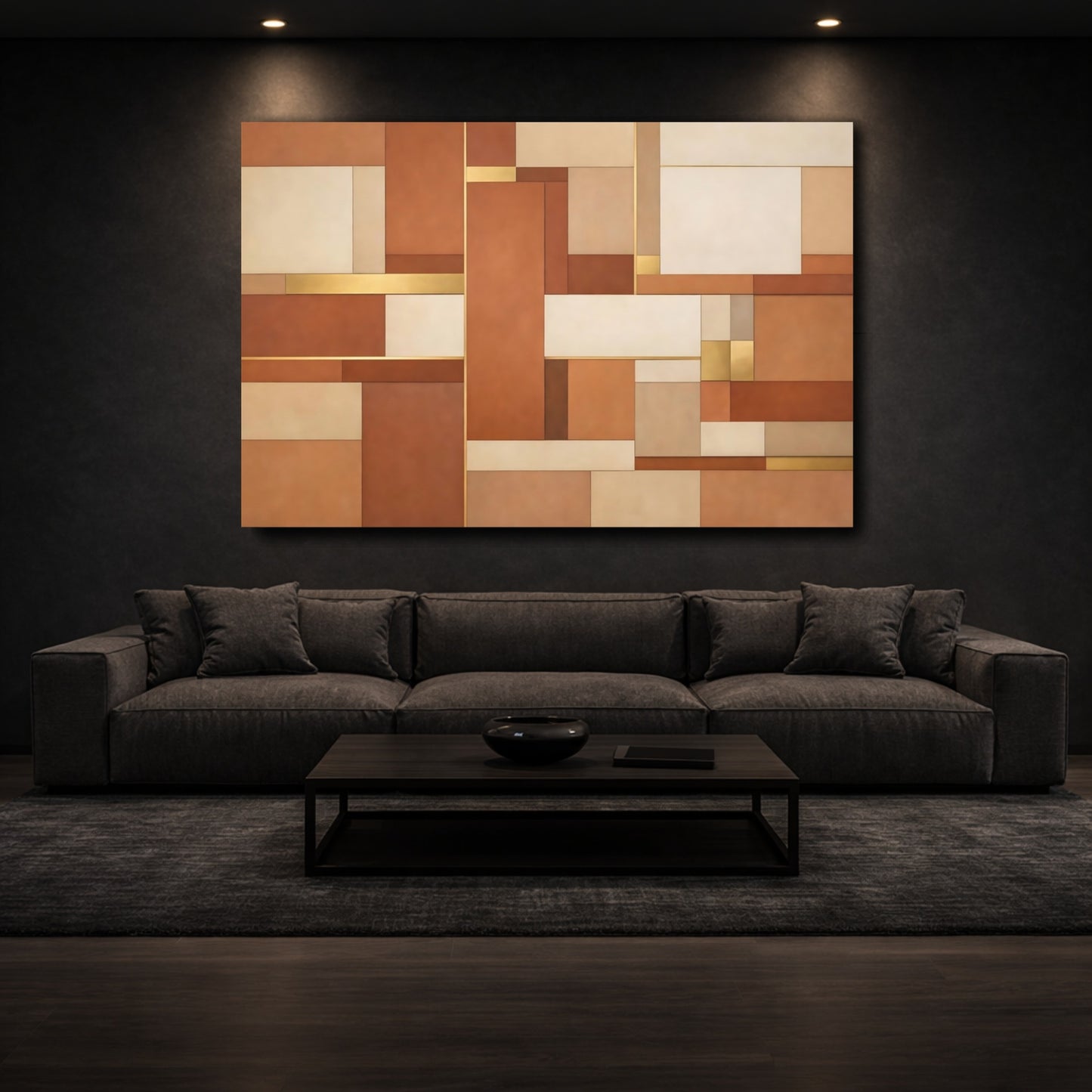 Mockup 2. Abstract Geometric Shapes Brown And Gold shown as stretched canvas wall art