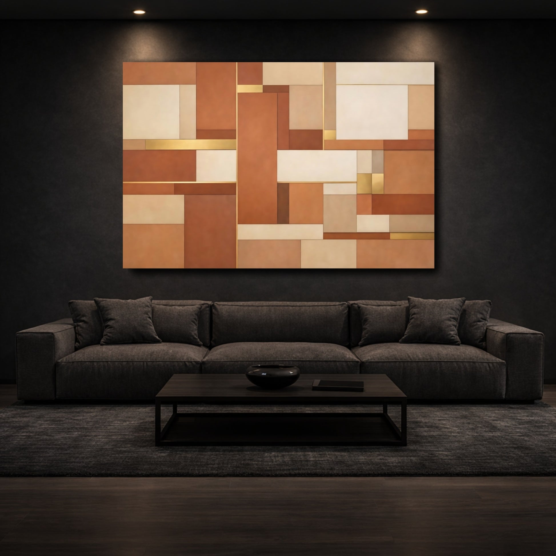 Mockup 2. Abstract Geometric Shapes Brown And Gold shown as stretched canvas wall art