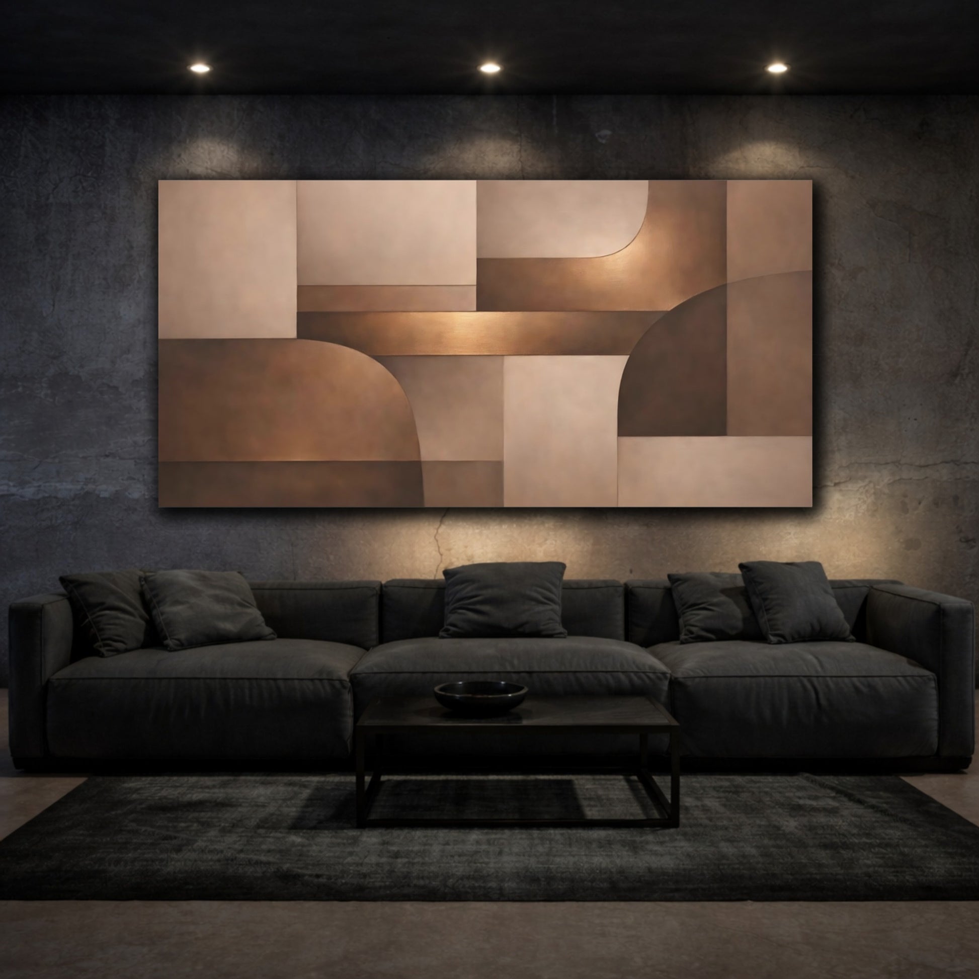 Mockup 2. Abstract Geometric Shapes Brown And Gold shown as stretched canvas wall art